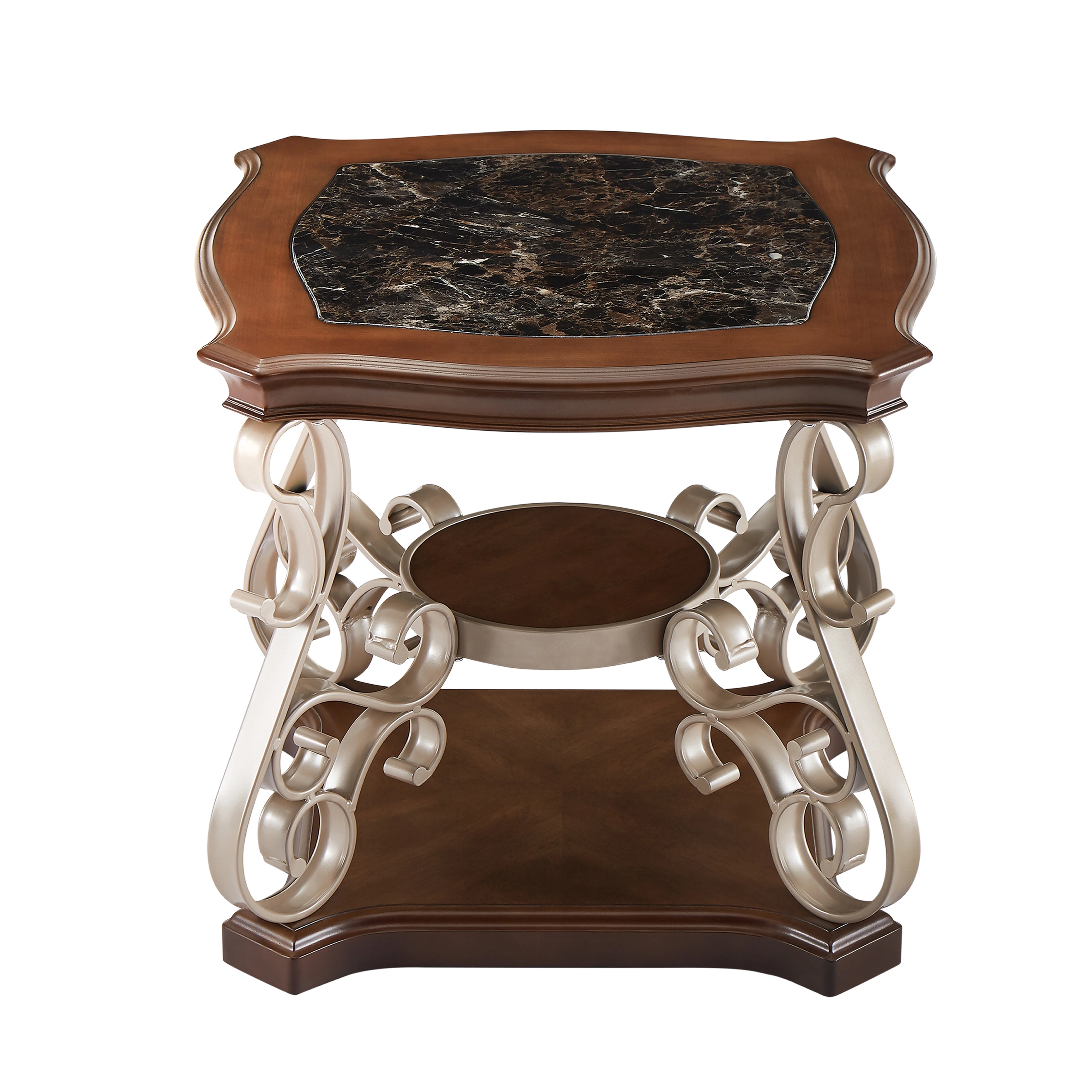 Glavbiku Retro Coffee Table with Marble Top,Champagne Metal Legs End Table,Brown,26.2