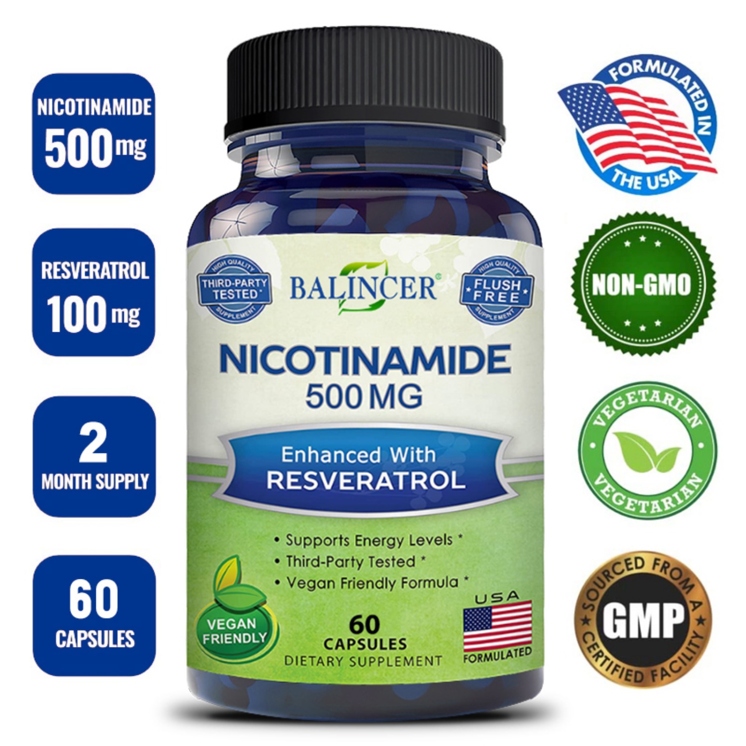 Balincer Niacinamide Vegan Capsules with Resveratrol - Vitamin B3 500 mg - Replenishes skin cell health and energy