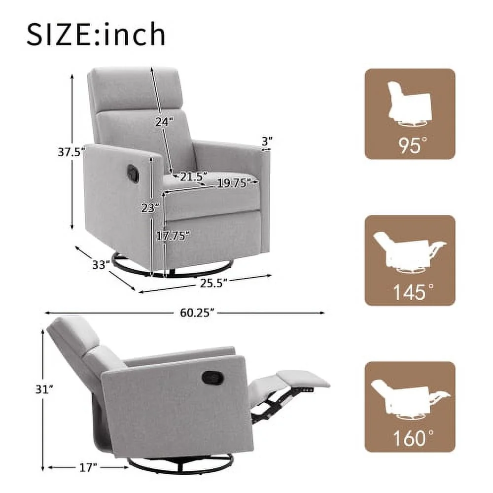 ZJbiubiuHome Modern Upholstered Rocker Nursery Chair Plush Seating Glider Swivel Recliner Chair  Gray