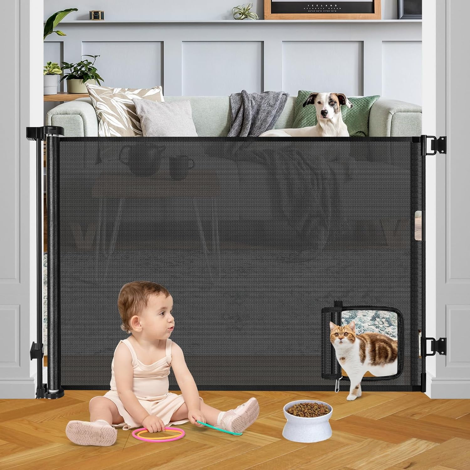 Retractable Baby Gates Retractable Dog Gate with Cat Door Walk Through 55