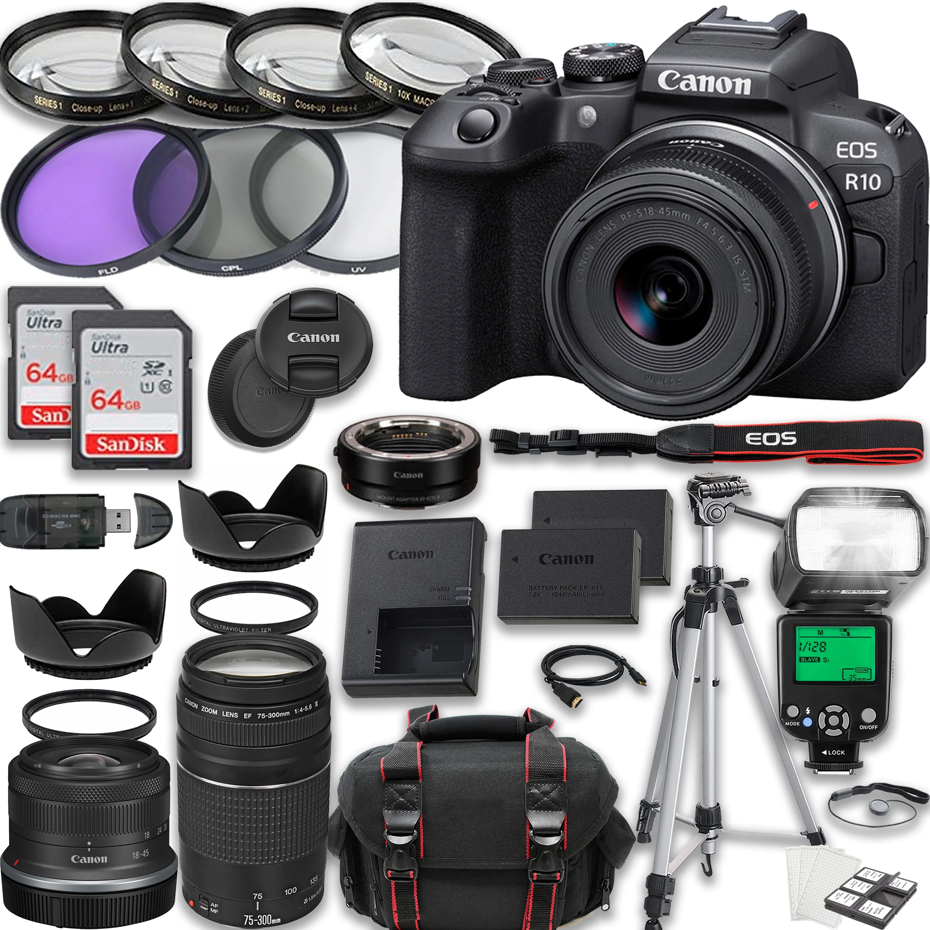 Canon EOS R10 Mirrorless Camera with Canon RF-S 18-45mm f/4.5-6.3 IS STM Lens + EF 75-300mm f/4-5.6 III Lens + Accessories included: 2X 64GB Memory Cards, TTL Flash, Extra Battery, Case, Tripod & More