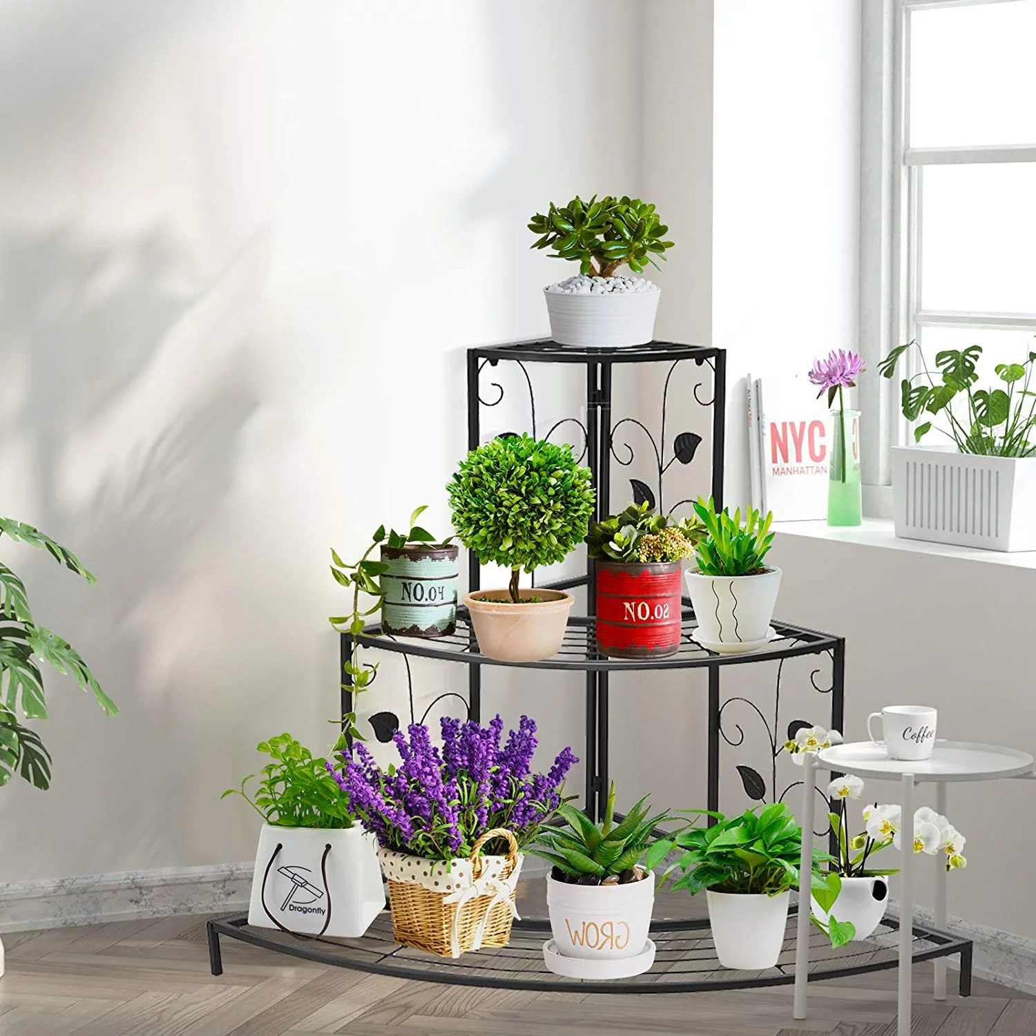3 Tiers Corner Shelf Metal Plant Stand, Stair-Step Style Flower Pot Display, Ladder Plant Display Rack, Quarter Round Plant Shelf for Indoor Outdoor Use