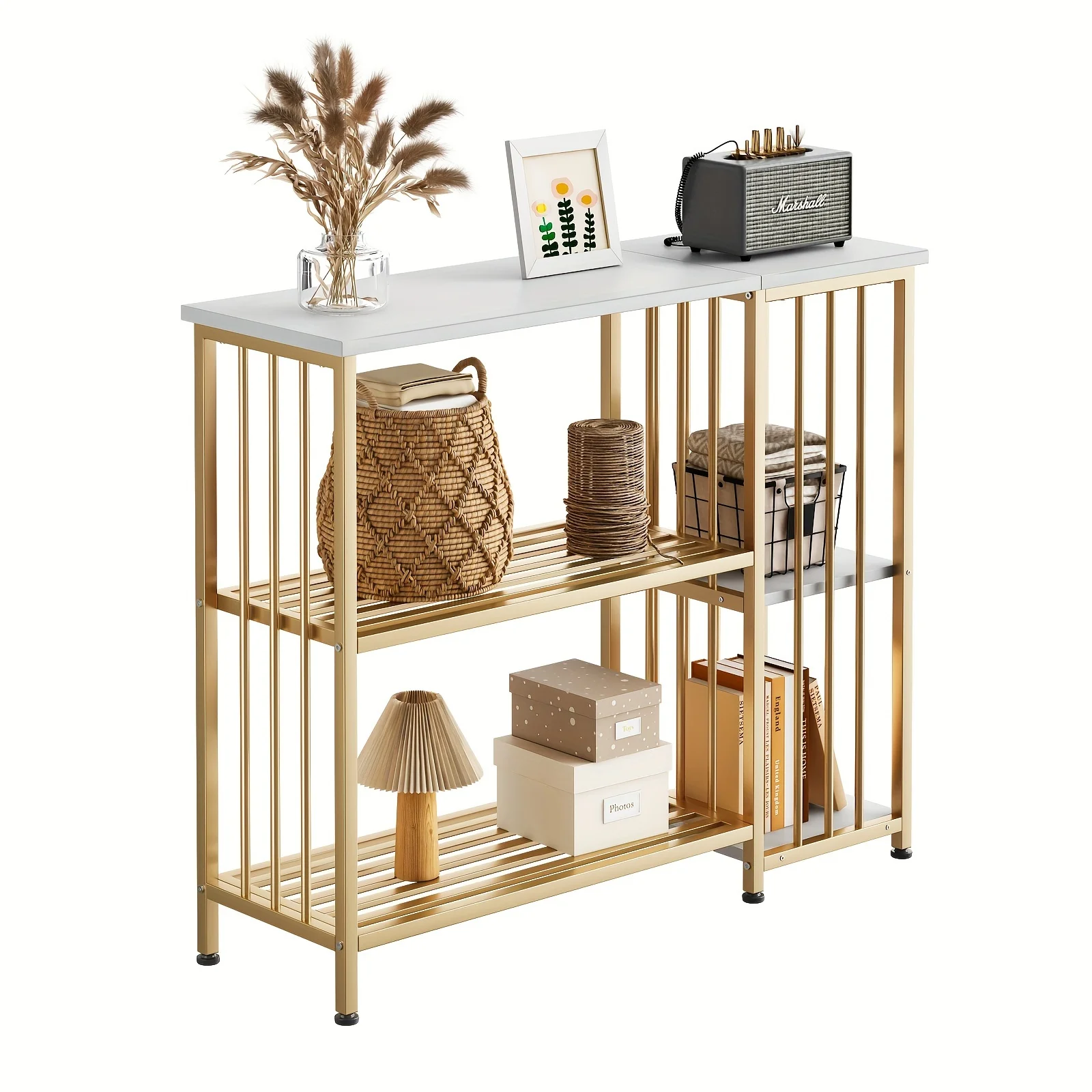 , 3-Tier Console Table For Entryway, Sofa Table With Anti-Fall Fence And Open Storage Shelves, Narrow Table, Metal Wood Console For Hallway