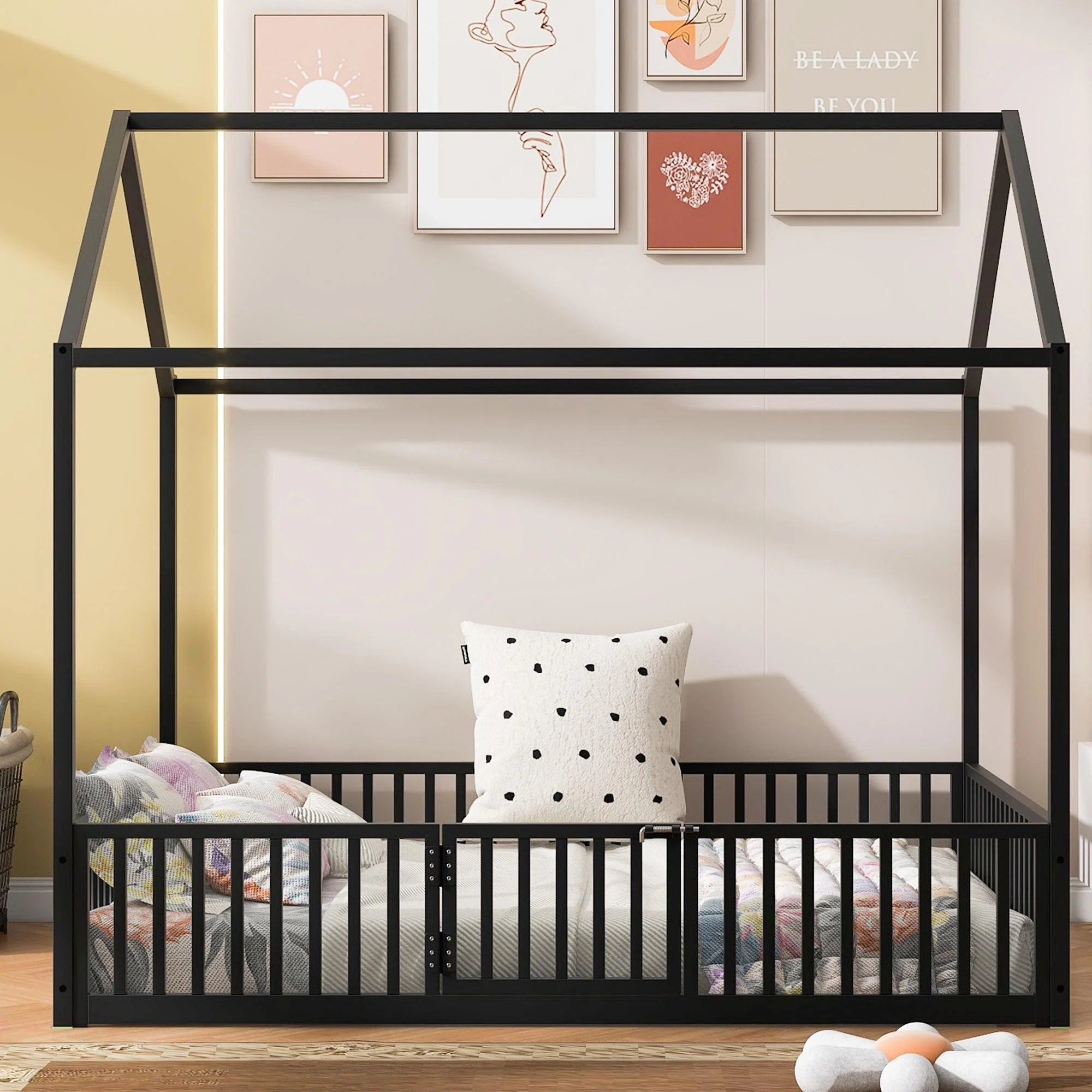 Bellemave Full Size Floor Bed for Kids, Metal Montessori Toddler Bed with Door and Fence, House Bed Frame for Toddler Kids Boys Girls (Slats Not Include)-Black