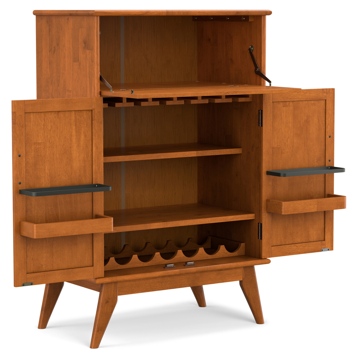 Simpli home Draper SOLID HARDWOOD Mid Century Modern 32 inch Wide Bar Cabinet in Teak Brown