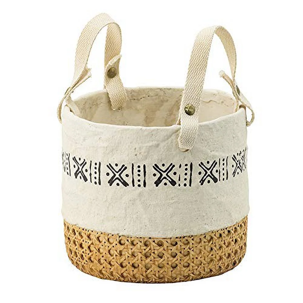 Round Outdoor Planter Baskets with Ratten Detail, Print Trim and Handles - Set of 2 - Natural, Black Finish