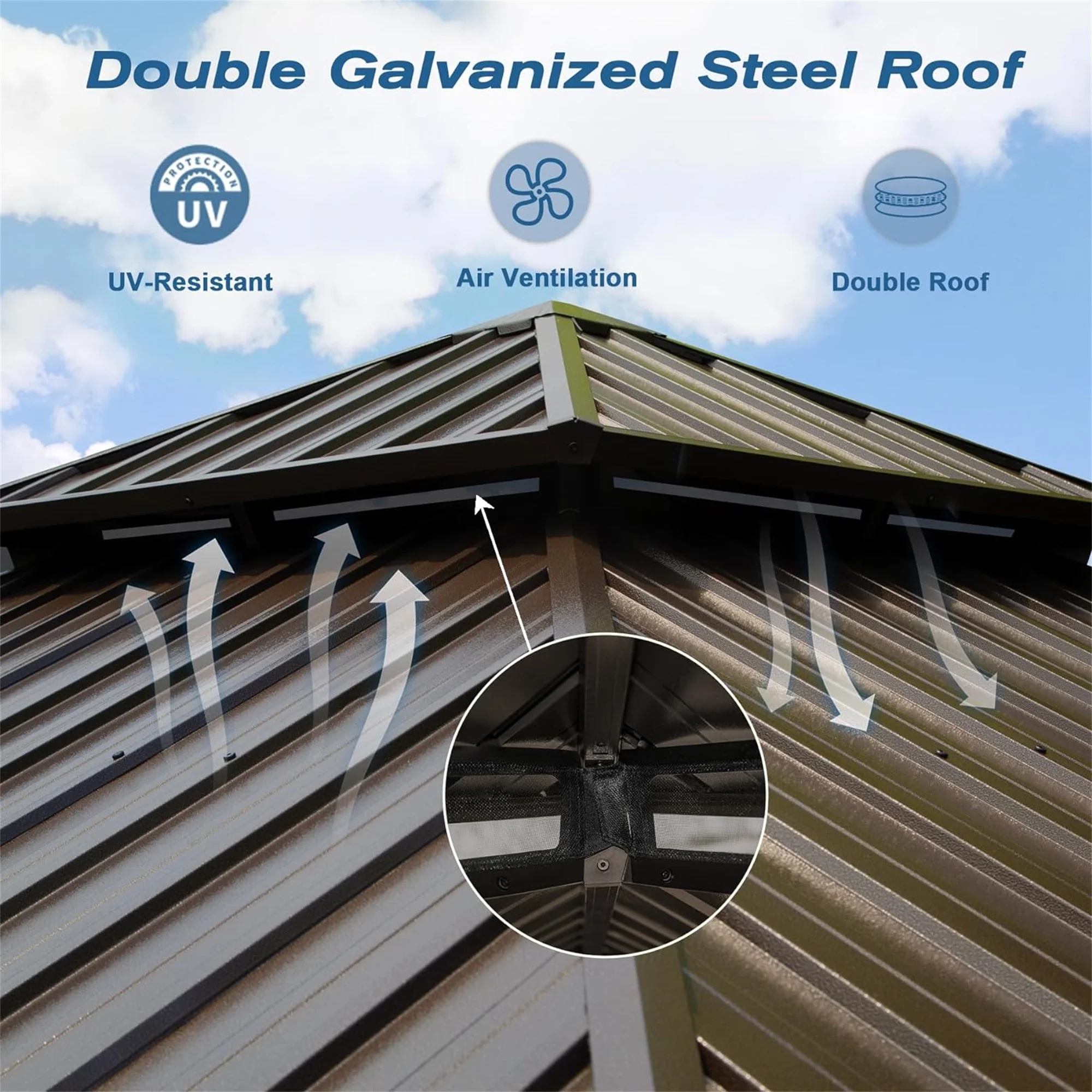 Homiyad 10' X 14' Hardtop Gazebo, Aluminum Metal Gazebo with Galvanized Steel Double Roof Canopy, Curtain and Netting, Permanent Gazebo Pavilion for Party, Wedding, Outdoor Dining, Brown