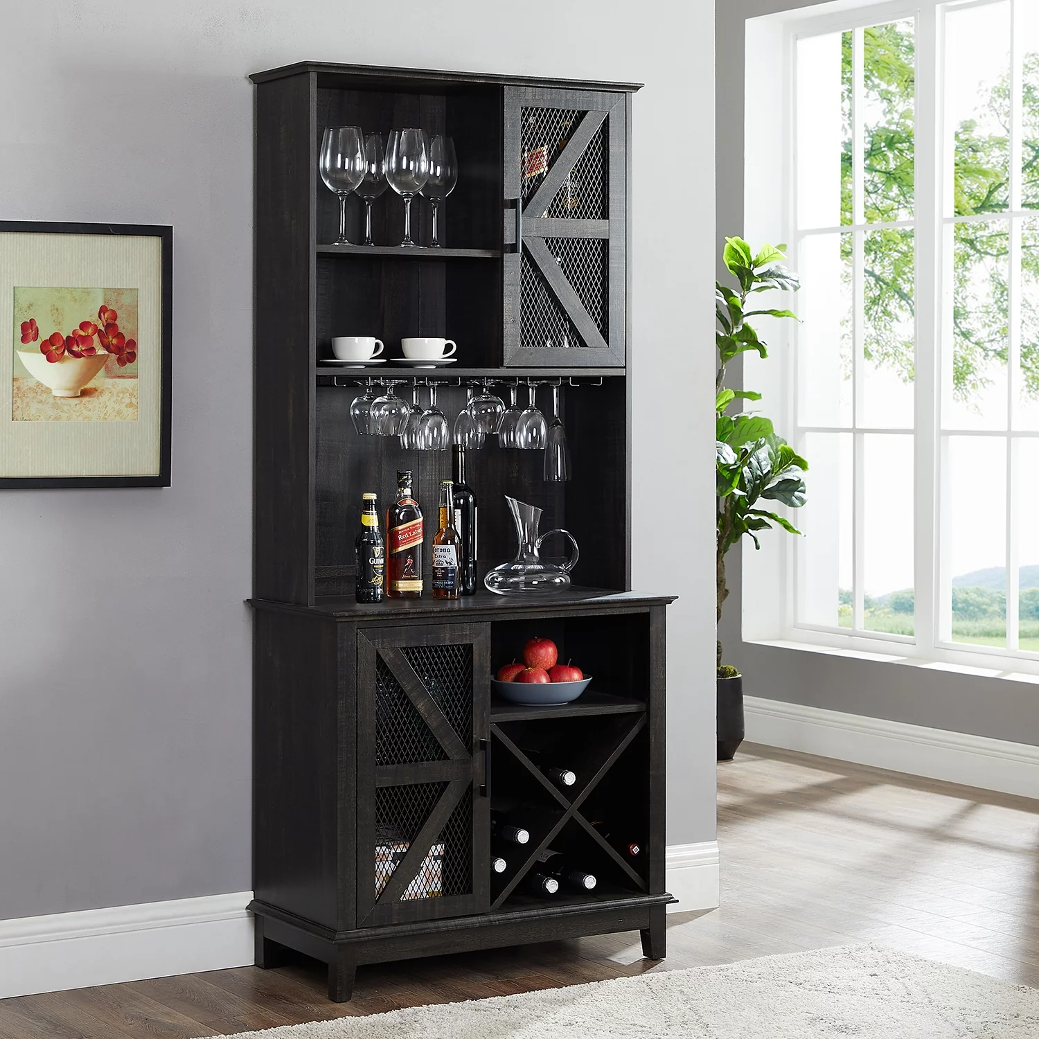Home Source Elegant Charcoal Bar Unit, and Microwave Cabinet