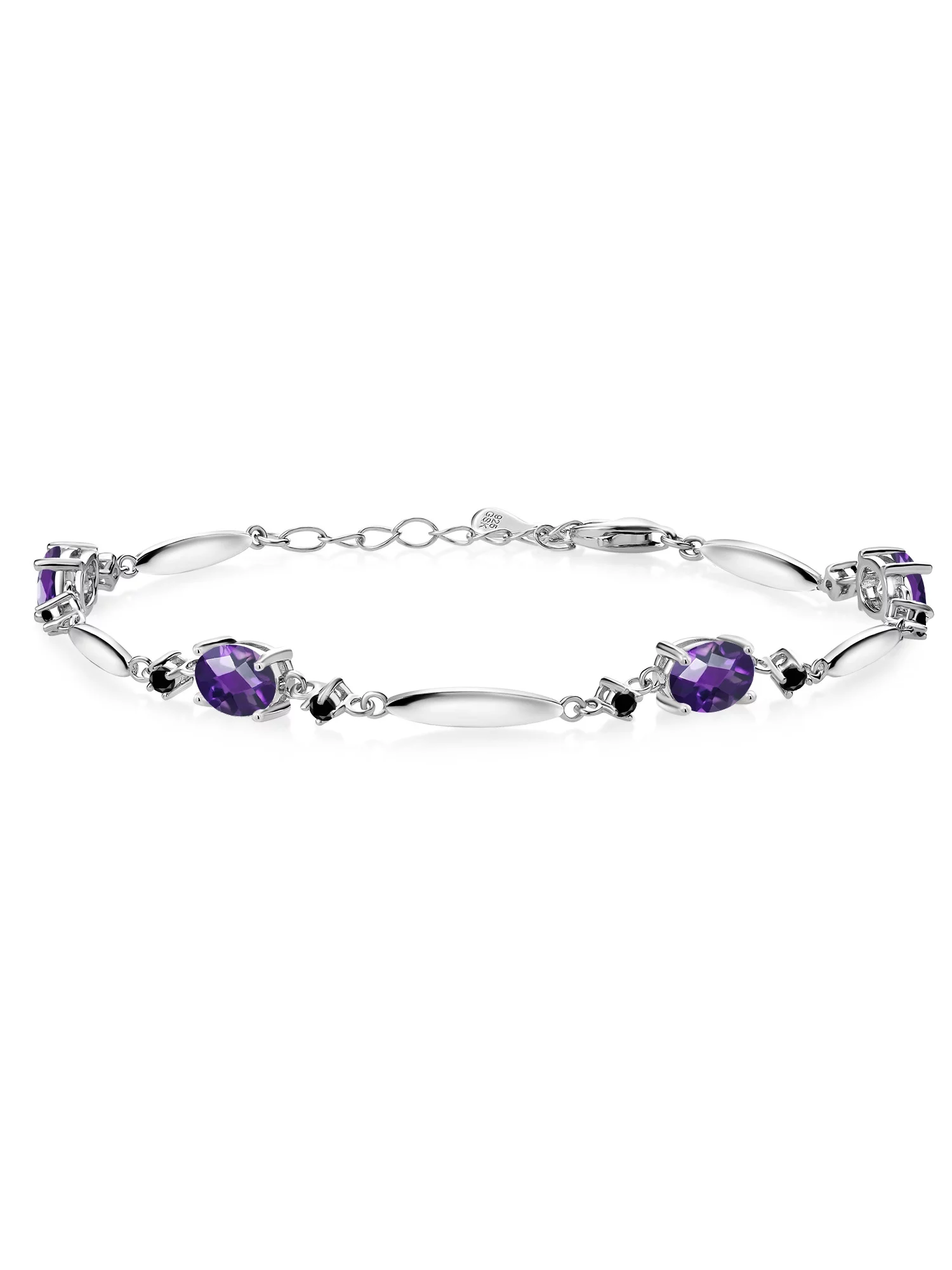 Gem Stone King 925 Sterling Silver Purple Amethyst and Black Diamond Tennis Bracelet for Women | 3.26 Cttw | Gemstone February Birthstone | Oval Checkerboard 7X5MM | 6 inch + 1 inch Extender