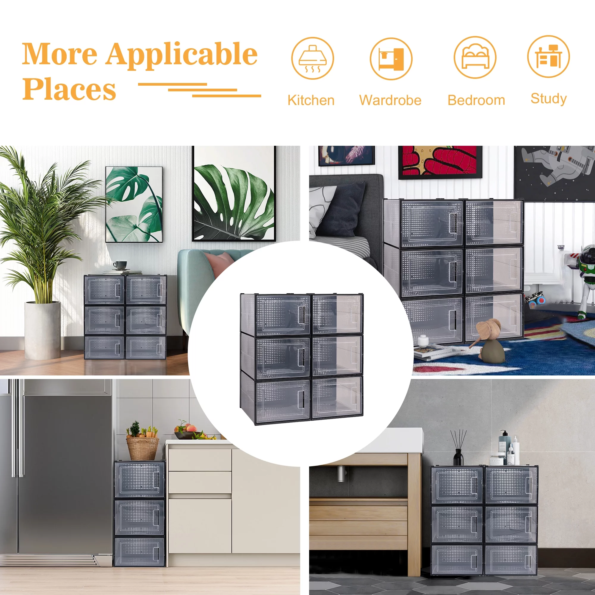 6 Pack Shoes Storage Box, Clear Plastic Stackable Shoe Organizer,Black