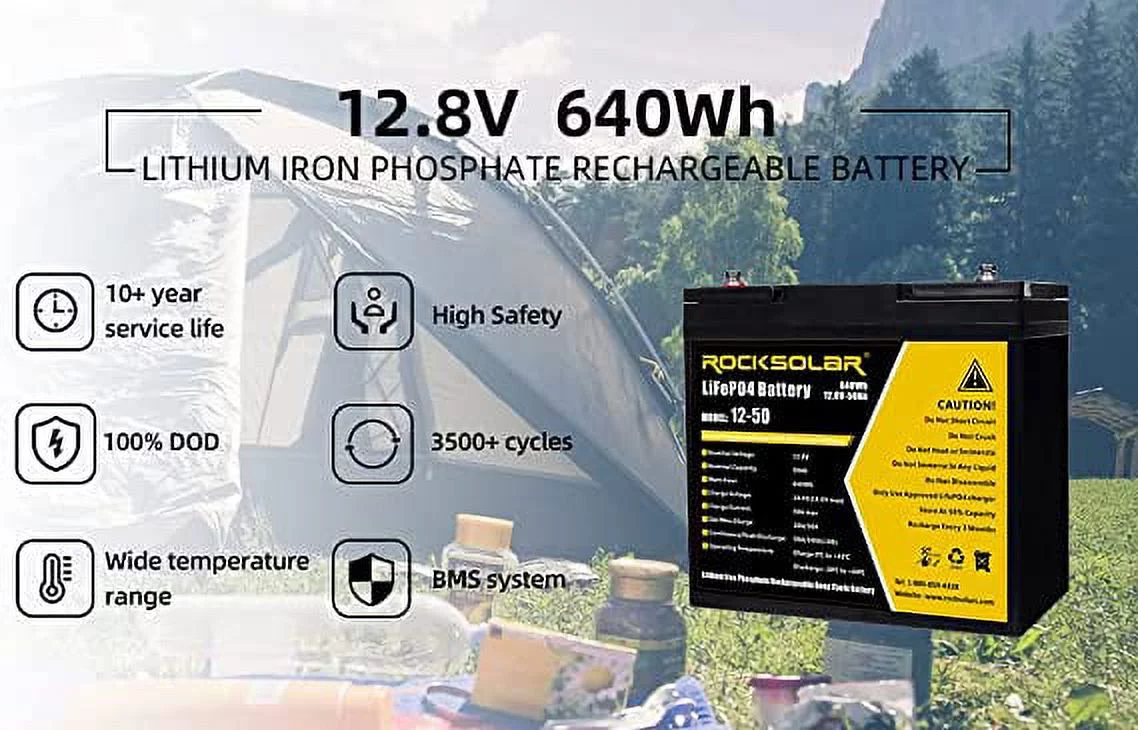 ROCKSOLAR 12V 50Ah LiFePO4 640Wh Lightweight Deep-Cycle Battery, Lithium Iron Phosphate Battery with BMS System