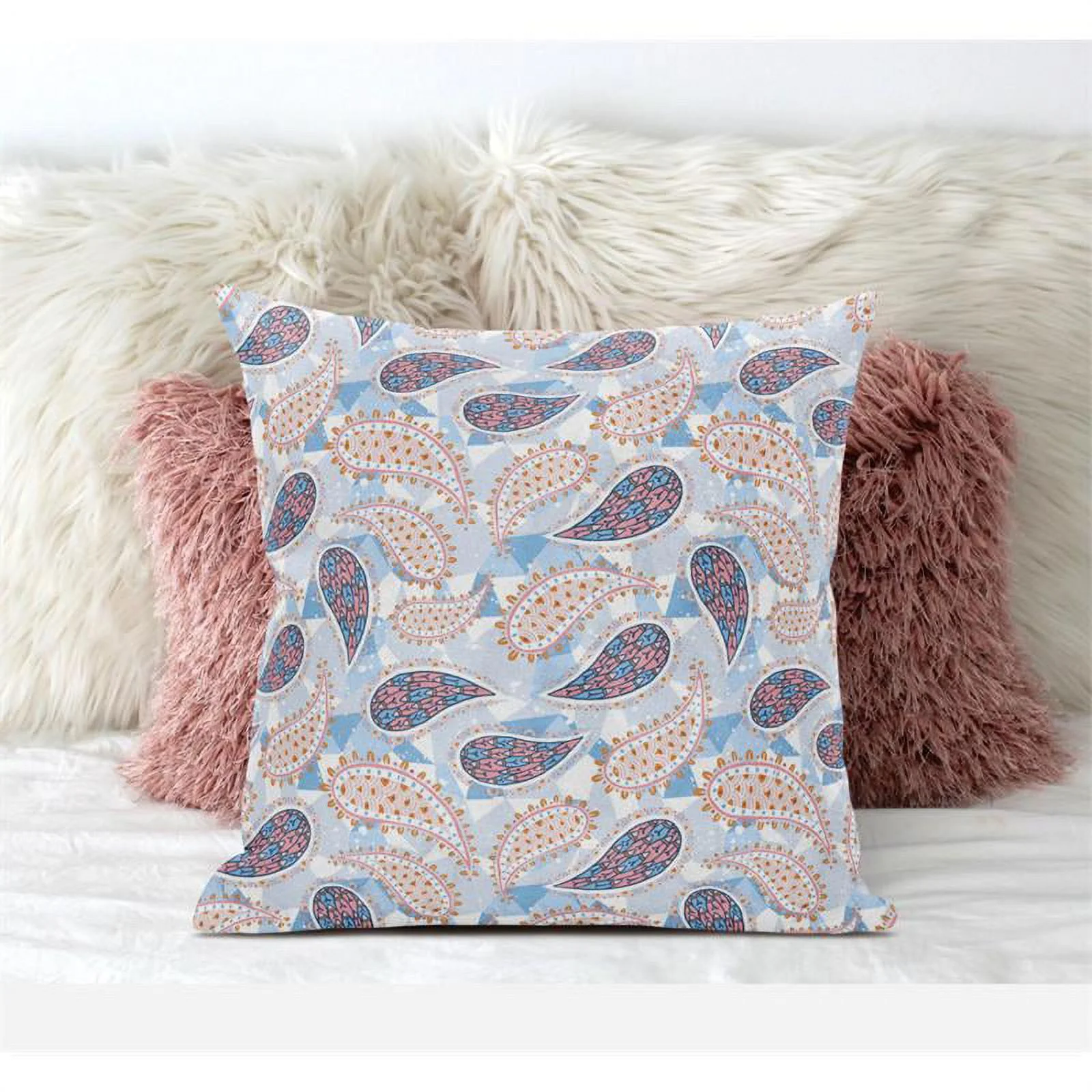 Paisley on Abstract Suede Zippered Pillow with Insert in Pink Light Blue