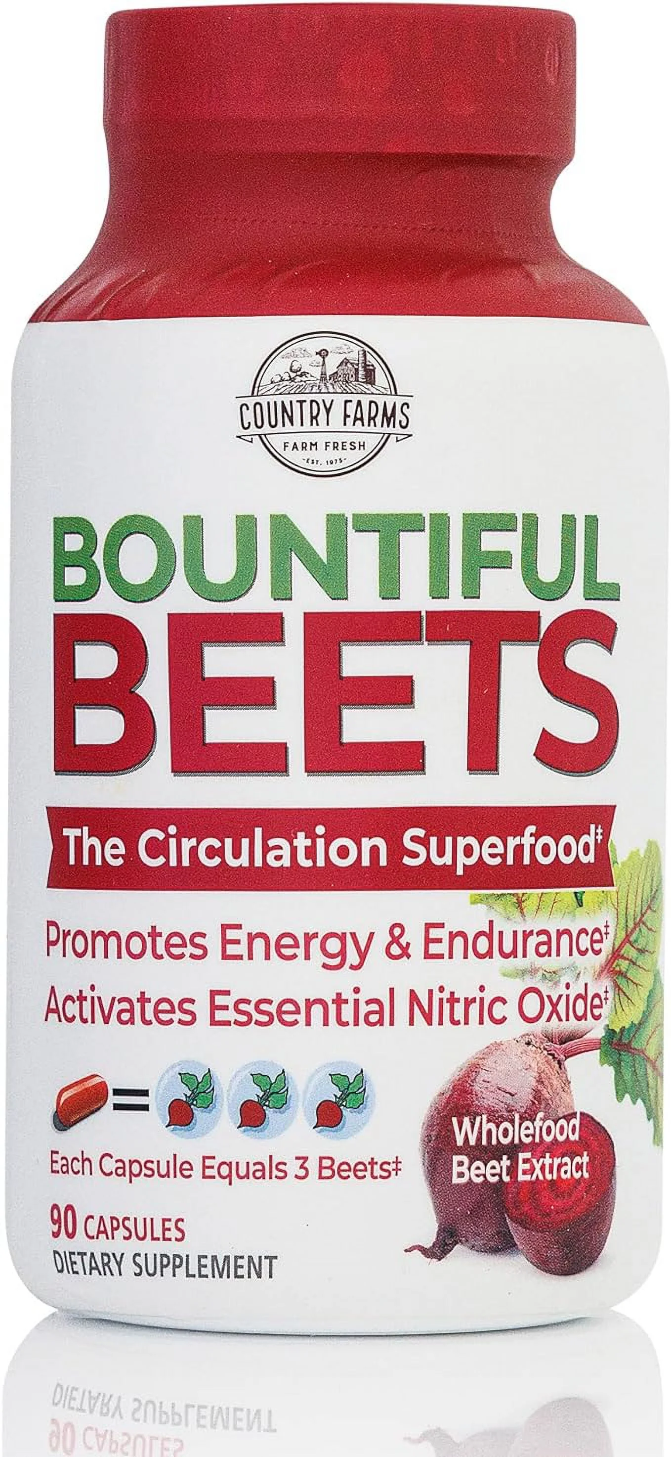 Country Farms Bountiful Beets Root Capsules, Wholefood Beet Extract Superfood, Natural Nitric Oxide Booster, Circulation and Immune Support, 90 Count, 90 Servings