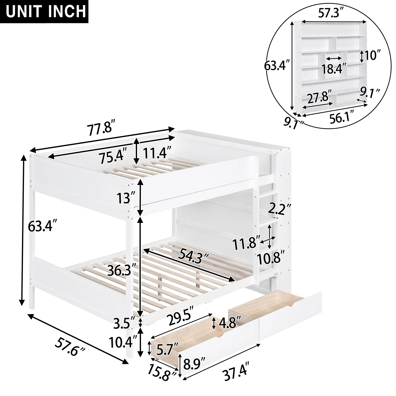 Churanty Full Over Full Bunk Bed, Wood Full Size Bunk Bed Frame with 2 Drawers and Multi-Layer Cabinet for Kids Teens Adults,White