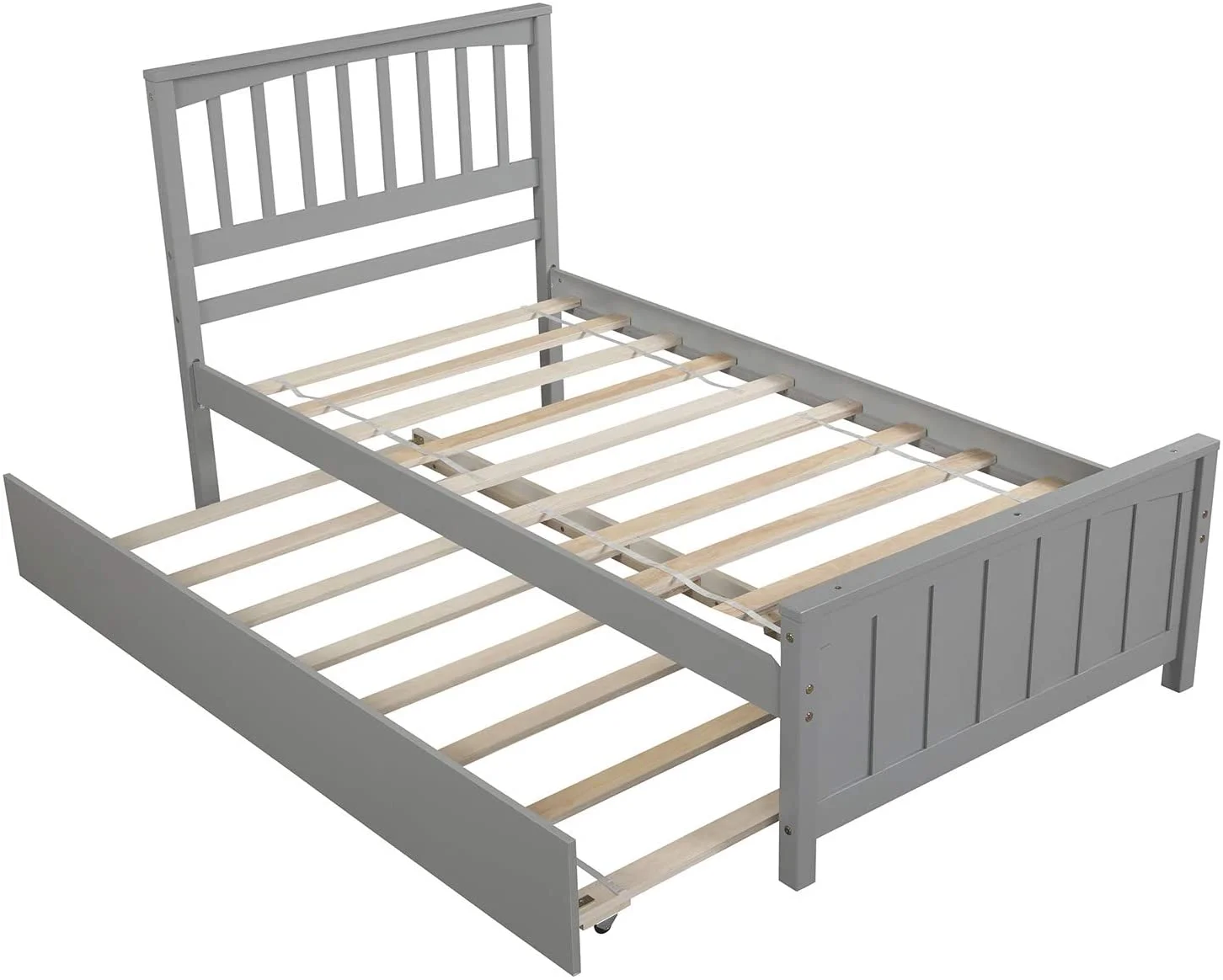 SOGES Solid Wood Twin Size Platform Bed with Trundle for Bedroom Gray