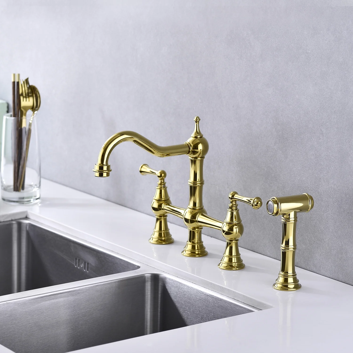 DremFaryoyo Bridge Dual Handles Kitchen Faucet With Pull-Out Side Spray in