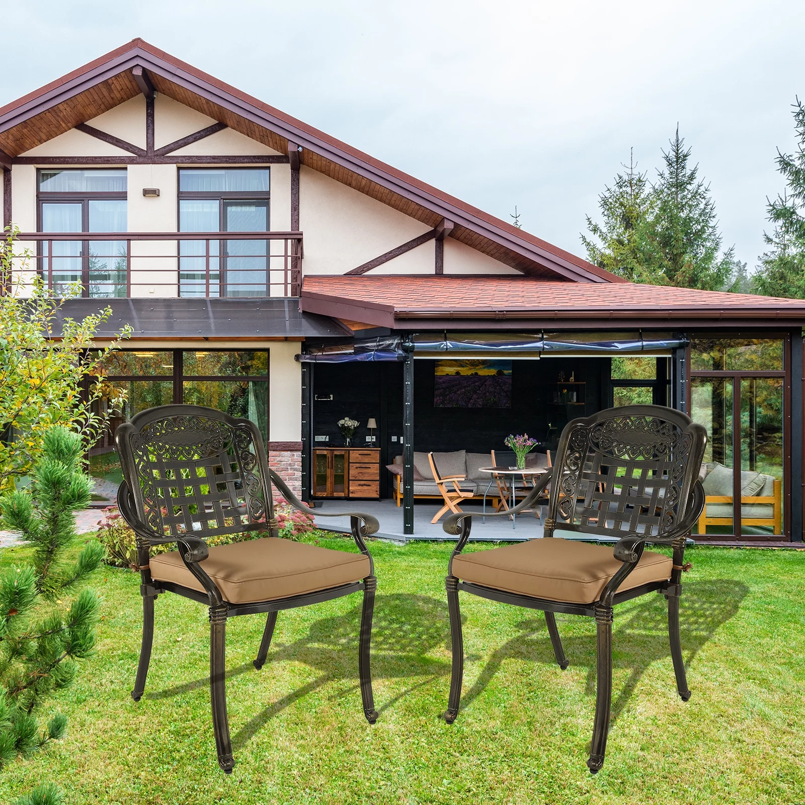 MEETWARM 2 Piece Patio Dining Chairs with Cushions, Outdoor All-Weather Cast Aluminum Chairs, Patio Bistro Dining Chair Set