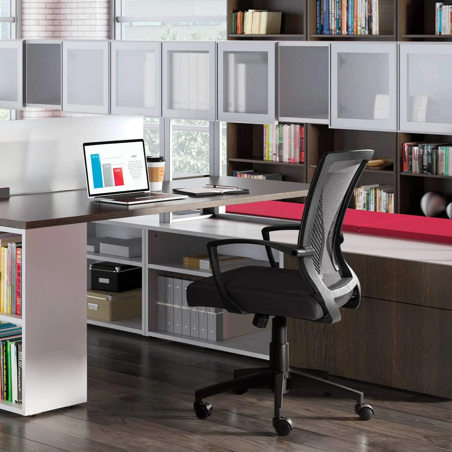 JDZHAPPYLIFE Ergonomic Office Mid Back Mesh Chair Swivel Desk Chair Lumbar Support Computer Chair with Armrest (Black)