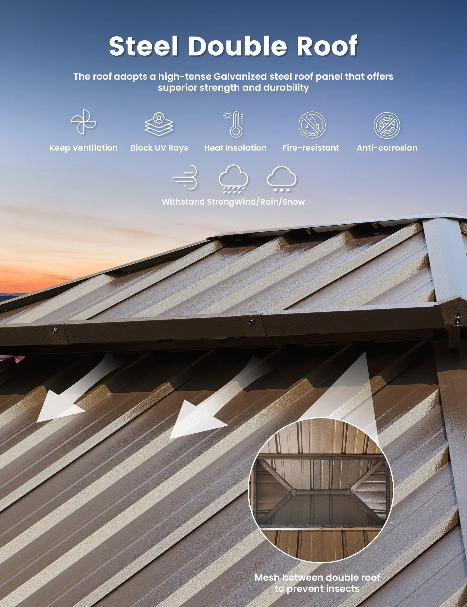 Hommow 10' x 12' Hardtop Gazebo, Wooden Finish Coated Aluminum Frame Gazebo with Double Roof