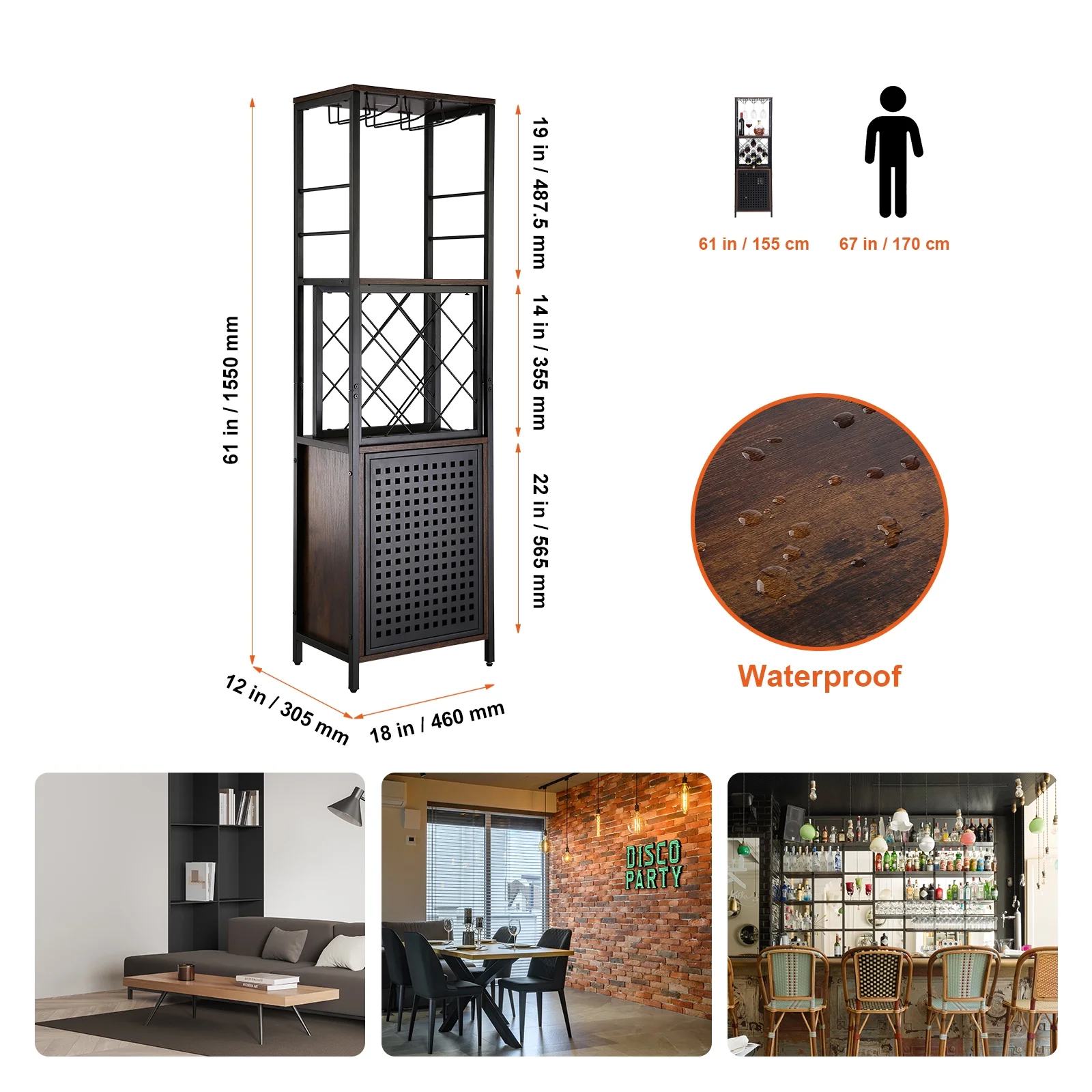 SKYSHALO Industrial Bar Cabinet Wine Bar Home Table with Wine Rack & Glass Holder