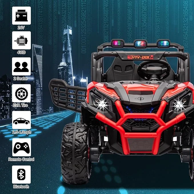 FINITO Kids Ride On Car UTV 24V with 4WD 4 EVA Wheels Electric Powered Off-road Vehicle Toy with Remote Control Two seats for Boys Girls Age 3+ , Red