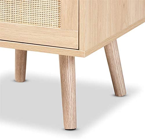 Mid-Century Modern Light Oak Brown Finished Wood and Rattan 2-Drawer Nightstand