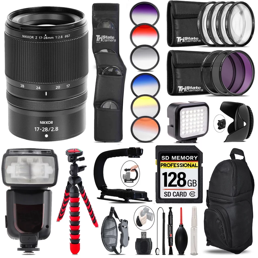 Nikon NIKKOR Z 17-28mm f/2.8  Lens+ Pro Flash + LED Light - 128GB Accessory Bundle