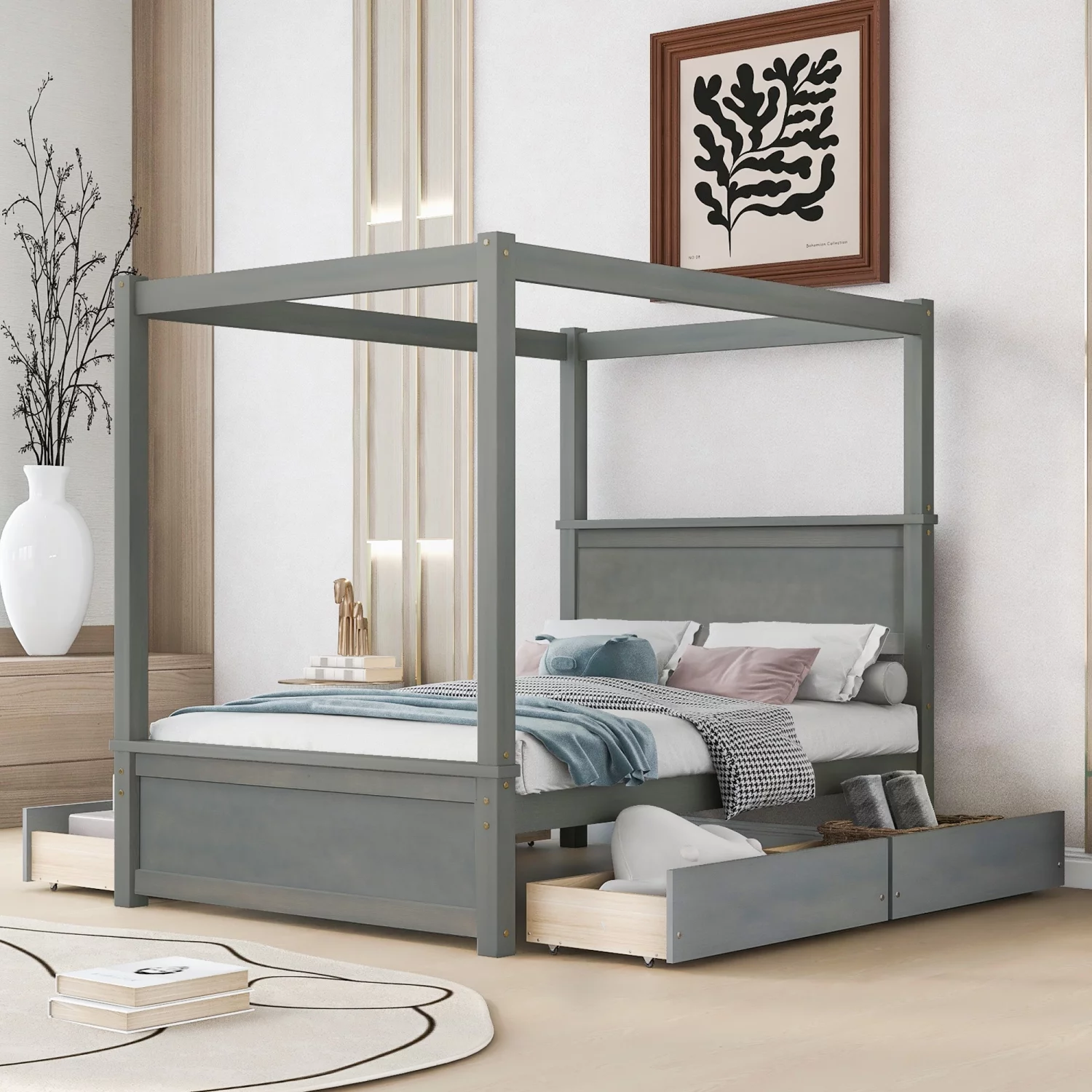 Wood Canopy Bed with four Drawers  Full Size Canopy Platform Bed With Support Slats .No Box Spring Needed  Brushed Gray