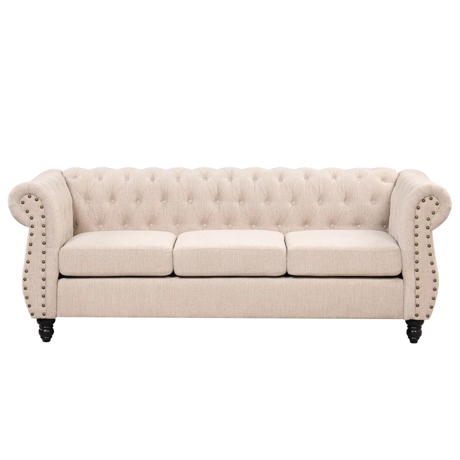 82” modern sofa Dutch plush upholstered sofa  solid wood legs  buttoned tufted backrest  beige