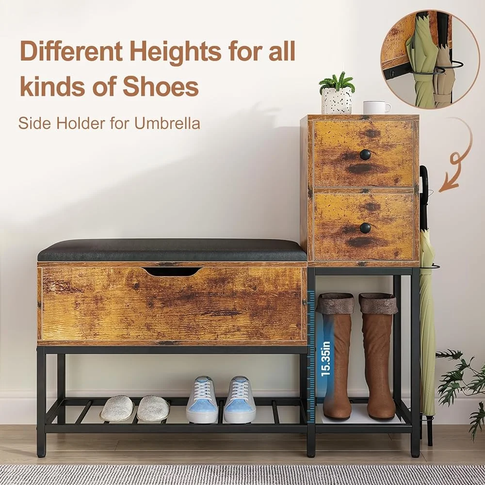 CHNBVC 39" Coat Rack Shoe Bench Set with Flip Top Box and 2 Drawers  Entryway Bench with Shoe  7 in 1 Entryway Bench with Coat Rack   Bench with 7 Coat Hooks& 2 Umbrella-Wood