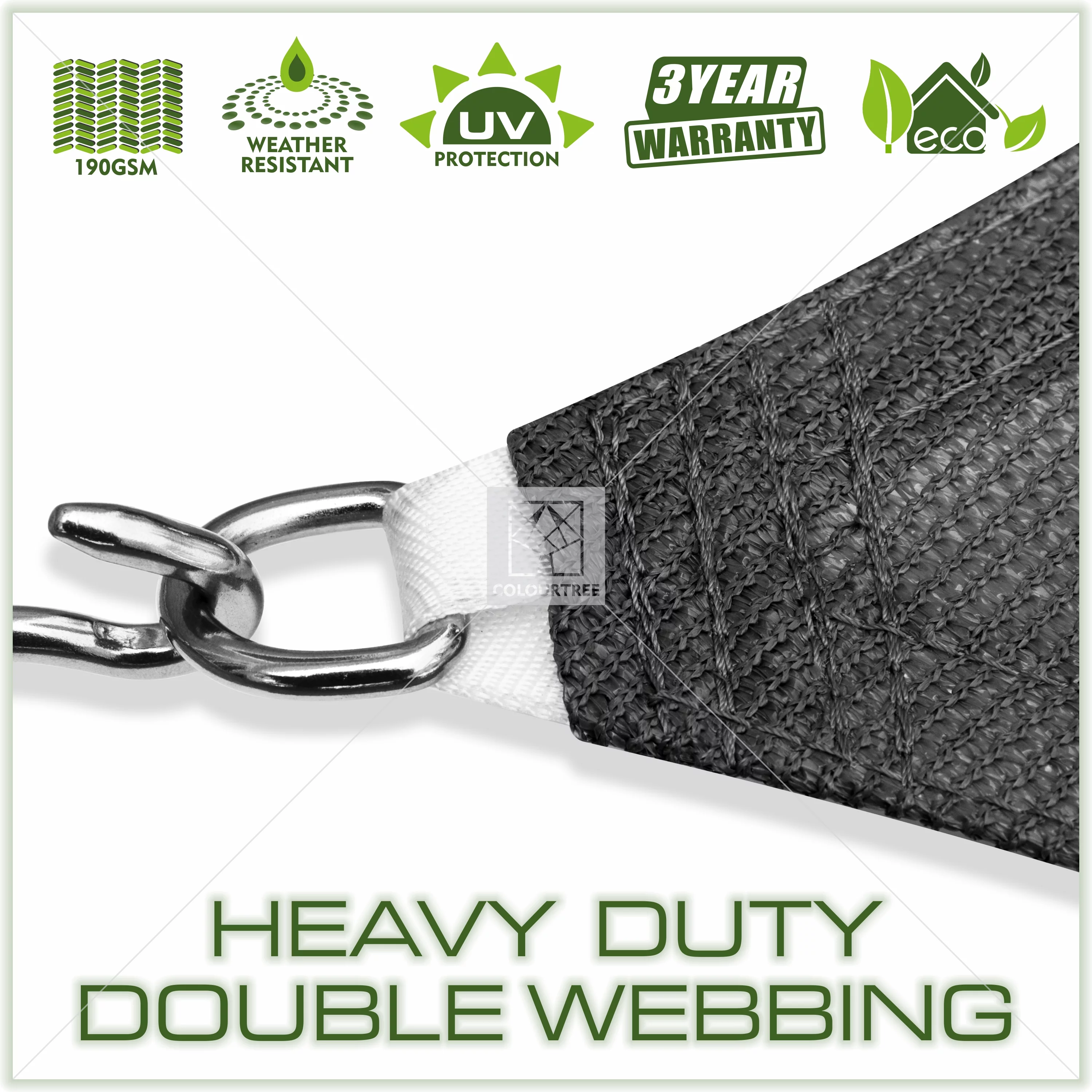 ColourTree 20' x 20' x 20' Black Sun Shade Sail Canopy  Triangle - Commercial Standard Heavy Duty - 190 GSM - 3 Years Warranty