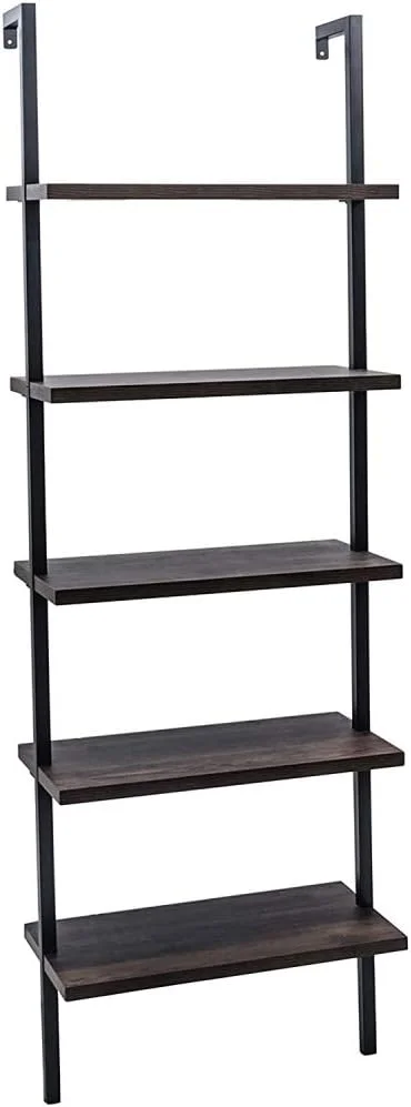 CHDEUSL 5-Tier Open Wall-Mounted Bookshelf with Metal Frame - Industrial Modern Ladder  - Floating Bookcase Organizer - Hanging  Rack Shelves for Home and Office -