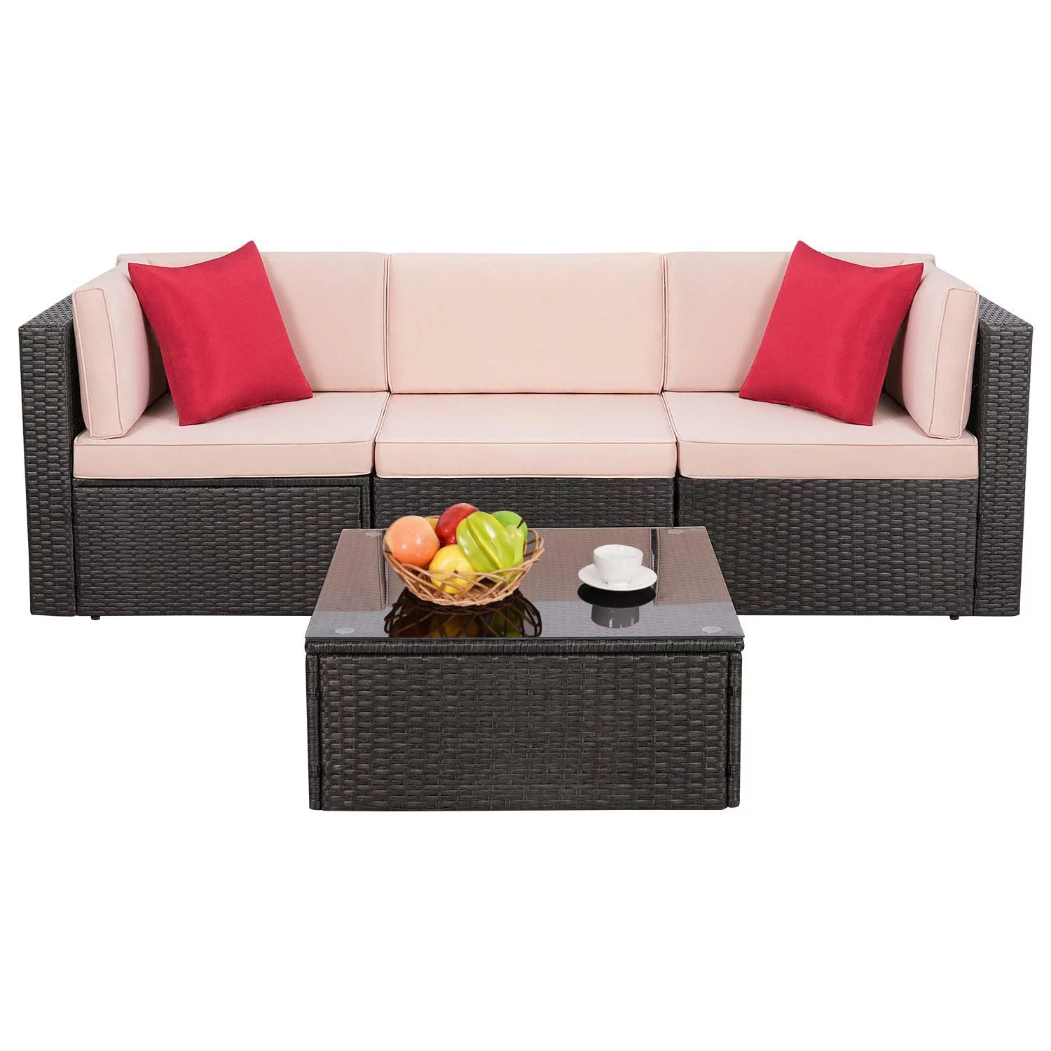 LACOO 4 Pieces Outdoor PE Wicker Conversation Set Rattan Outdoor Sectional Set with Chushions and Table(Beige)