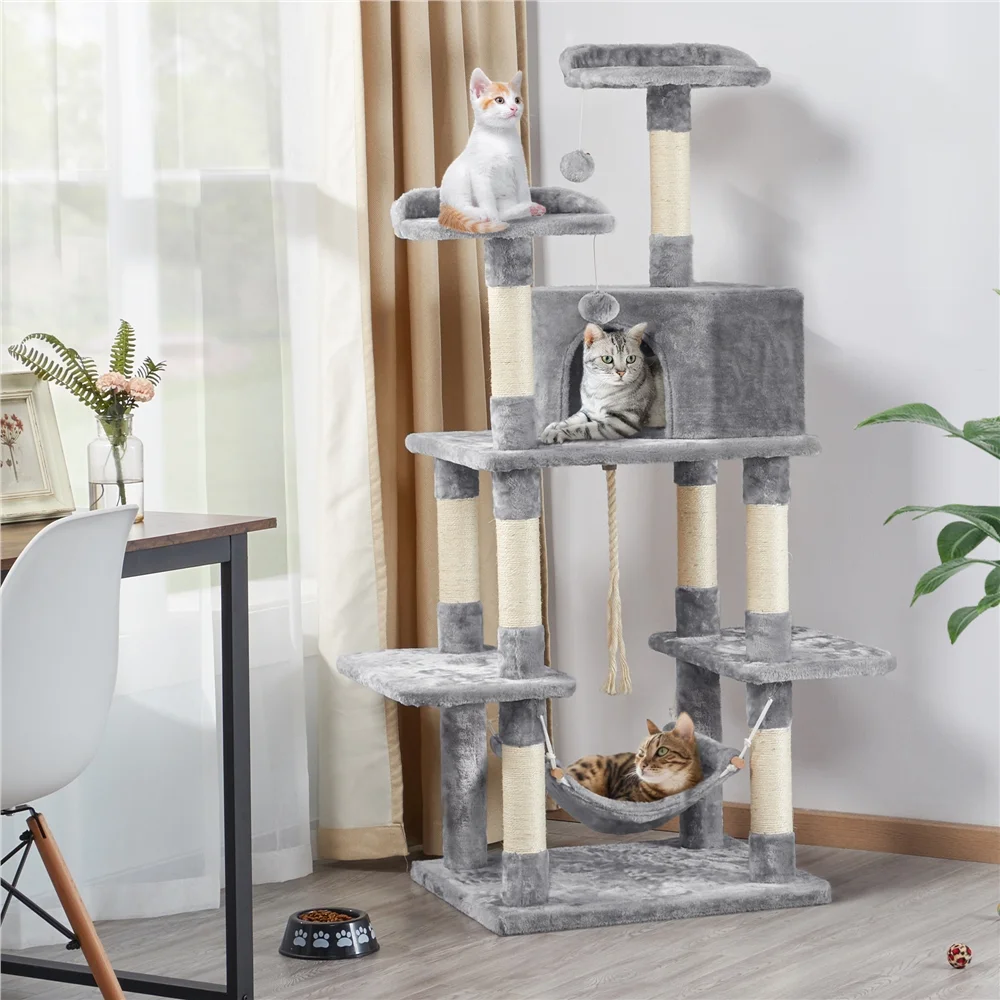 Easyfashion 59''H Multilevel Cat Tree Cat Tower, Light Gray