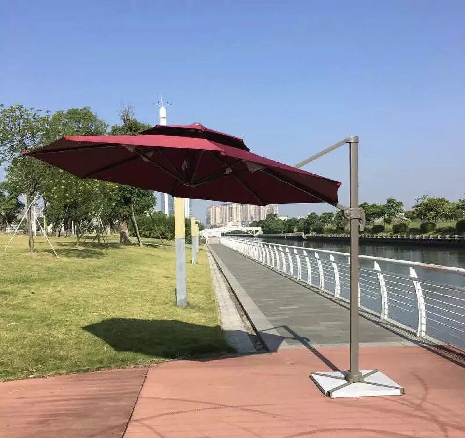 Wick’s Outdoor Living 10ft Large Cantilever Patio Outdoor Umbrella with Base (Burgandy)