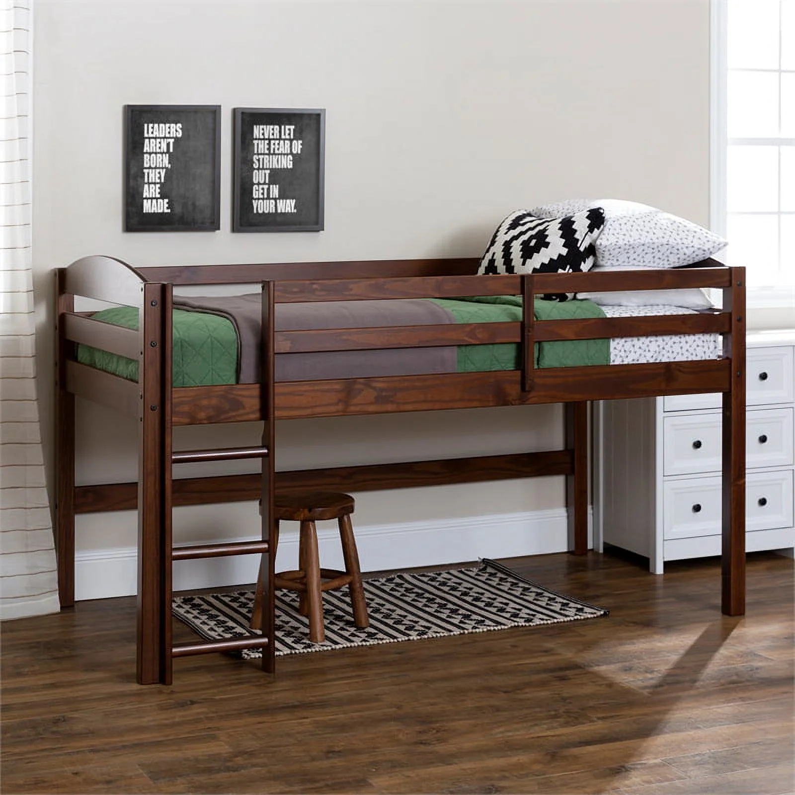 Solid Brown Wood Low Twin Loft Bed - Walnut