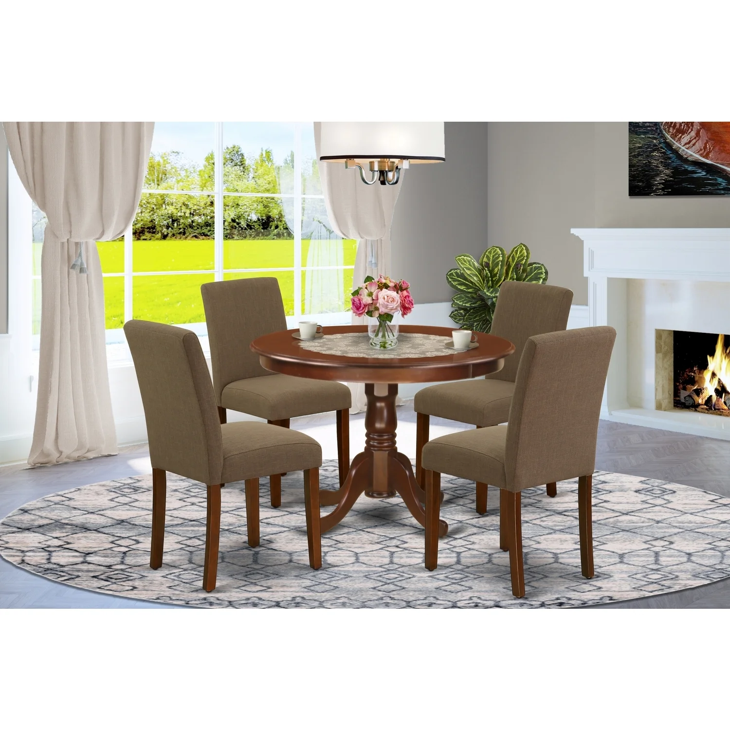 HomeStock Renaissance Rhapsody 5Pc Round 42 Inch Dinette Table And Four Parson Chair With Mahogany Leg And Linen Fabric Coffee