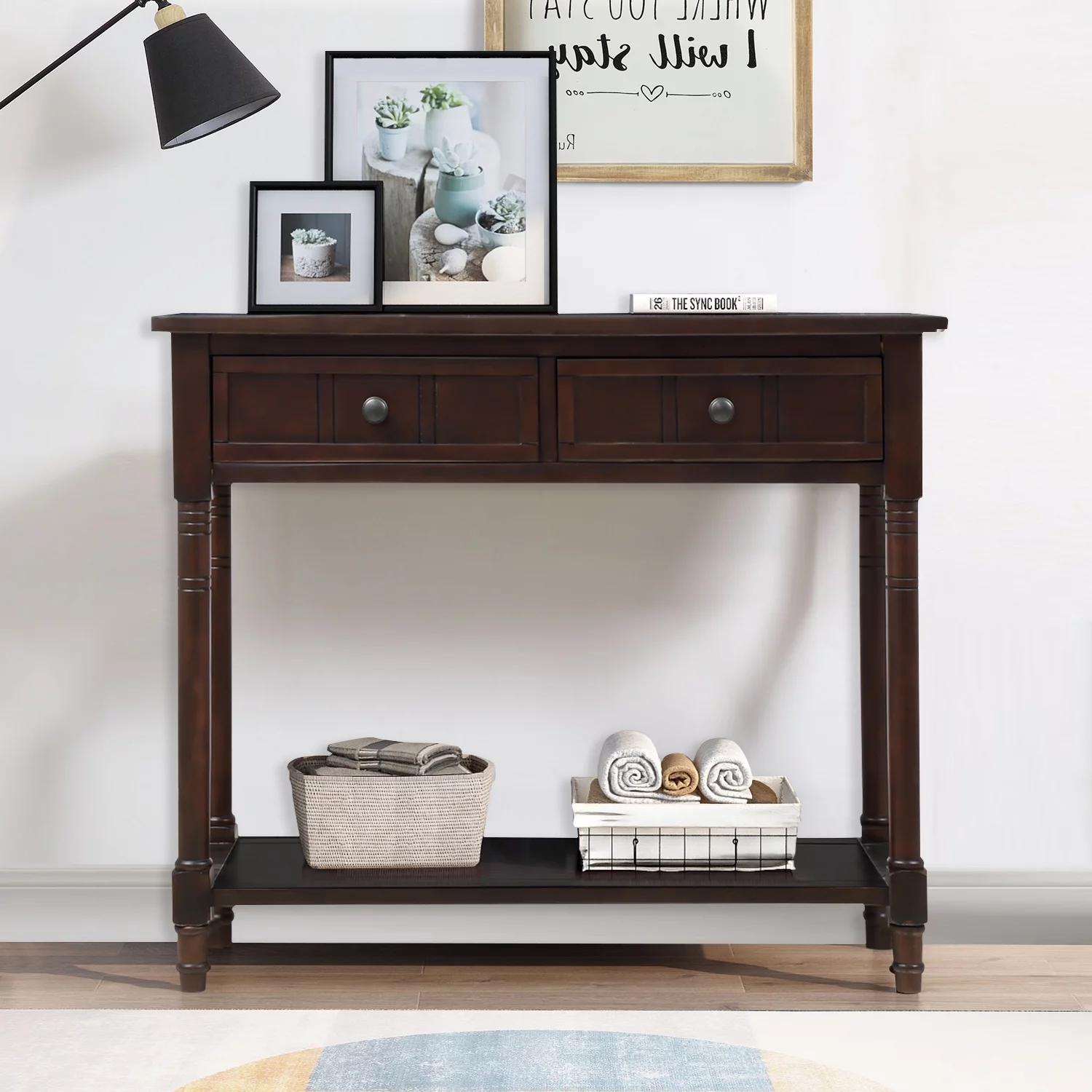 Traditional Design Wood Console Table with Bottom Open Shelf and 2 Drawers