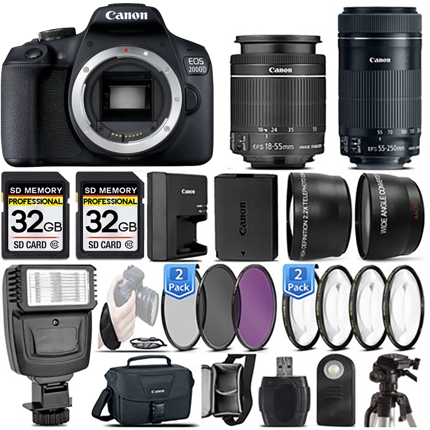 Canon EOS 2000D (Rebel T7) DSLR Camera + Canon 18-55mm IS STM Lens + Canon 55-250mm IS STM Lens + Flash + 0.43X Wide Angle Lens + 2.2x Telephoto Lens + 64GB Storage - International Version (No Warrant