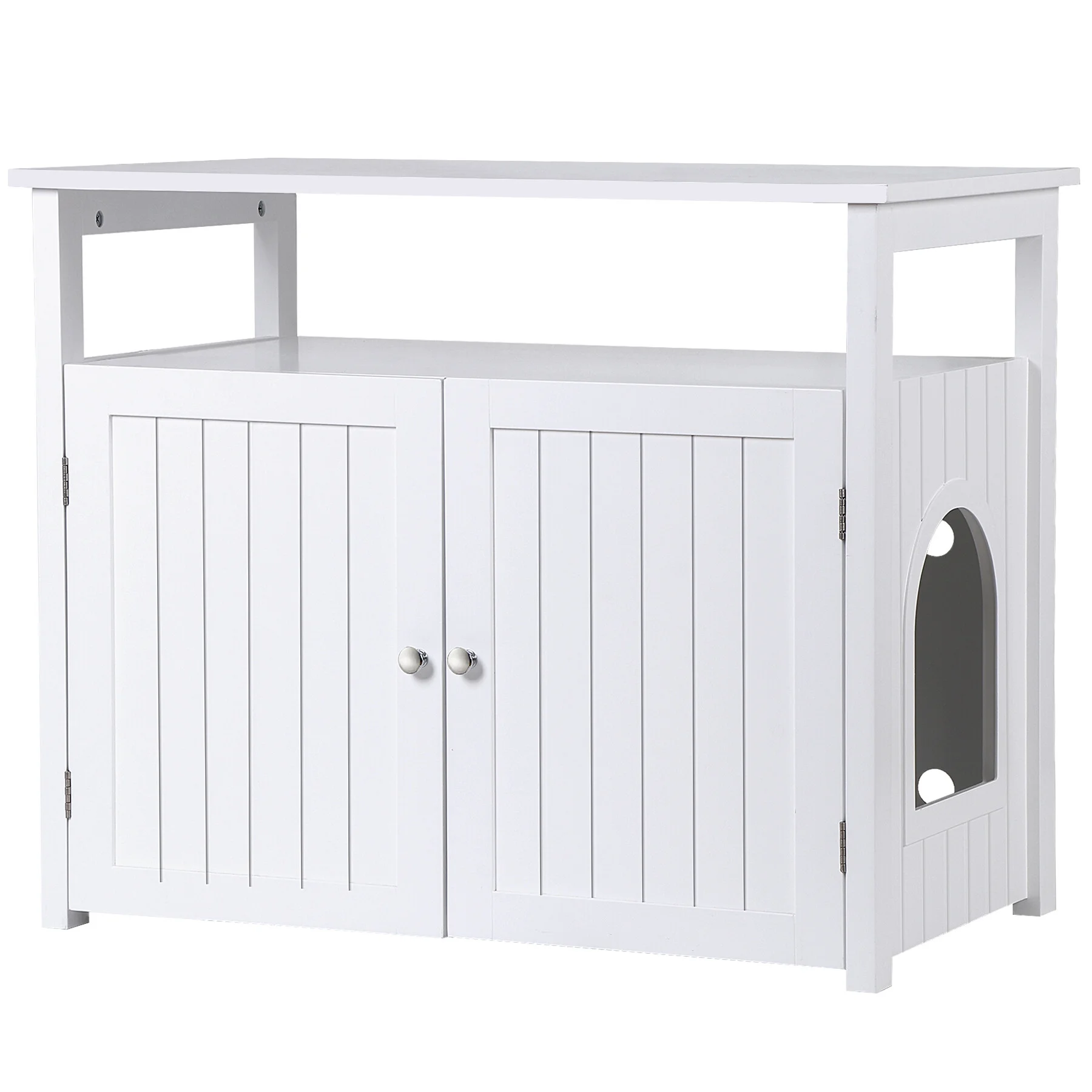 HomGarden Cat Hidden Washroom Litter Box Enclosure Wooden Storage Cabinet Side Table W/Divider & Storage Shelf, White
