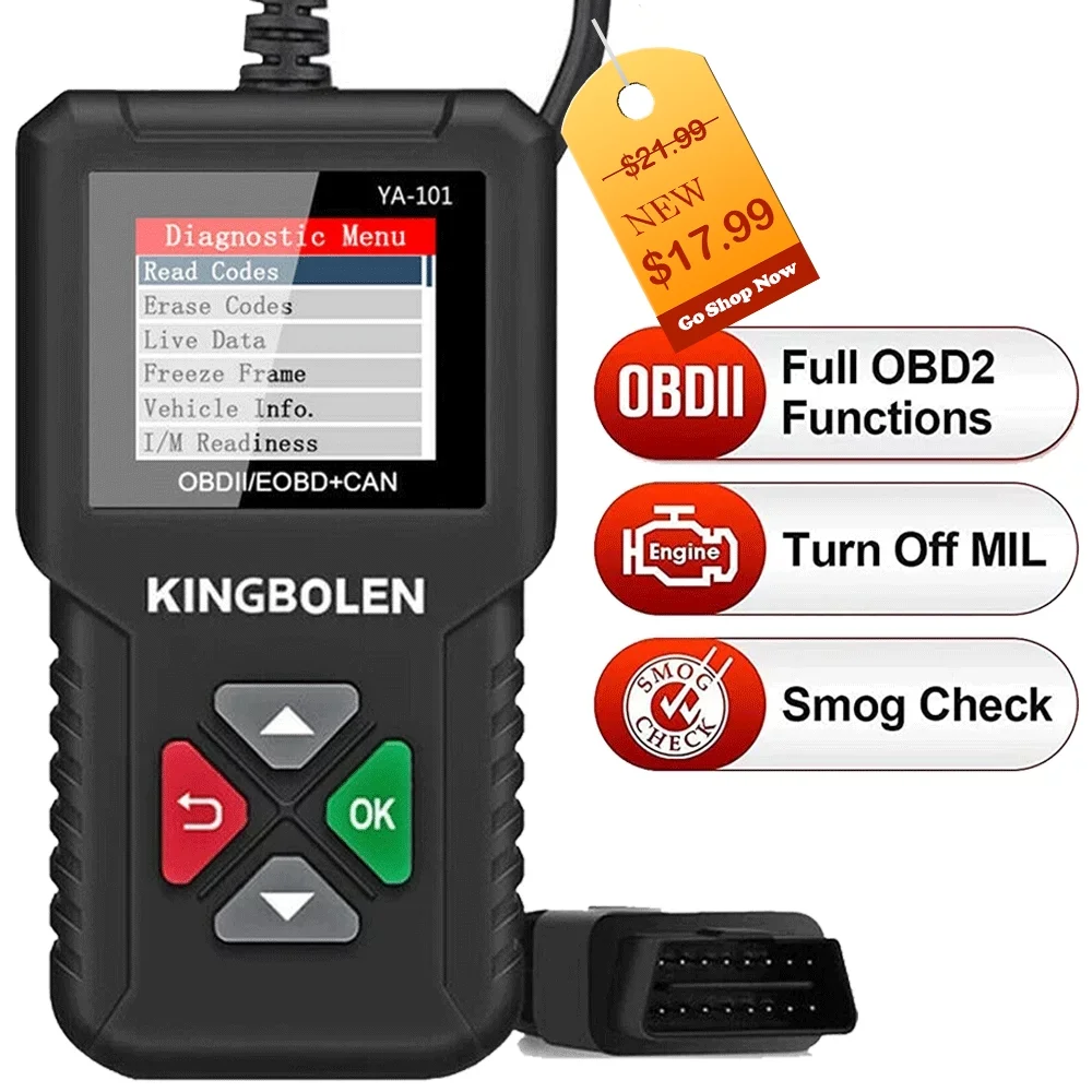 KINGBOLEN YA101 Code Reader for 1996 & Newer OBD2 Vehicles, Full OBDII Functions OBD2 Scanner with Battery Test