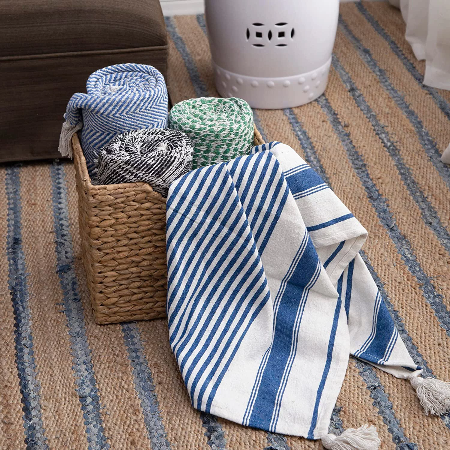 A&B Home Throw Blanket - Blue and White Stripe Woven Cotton Blend Blanket, 50