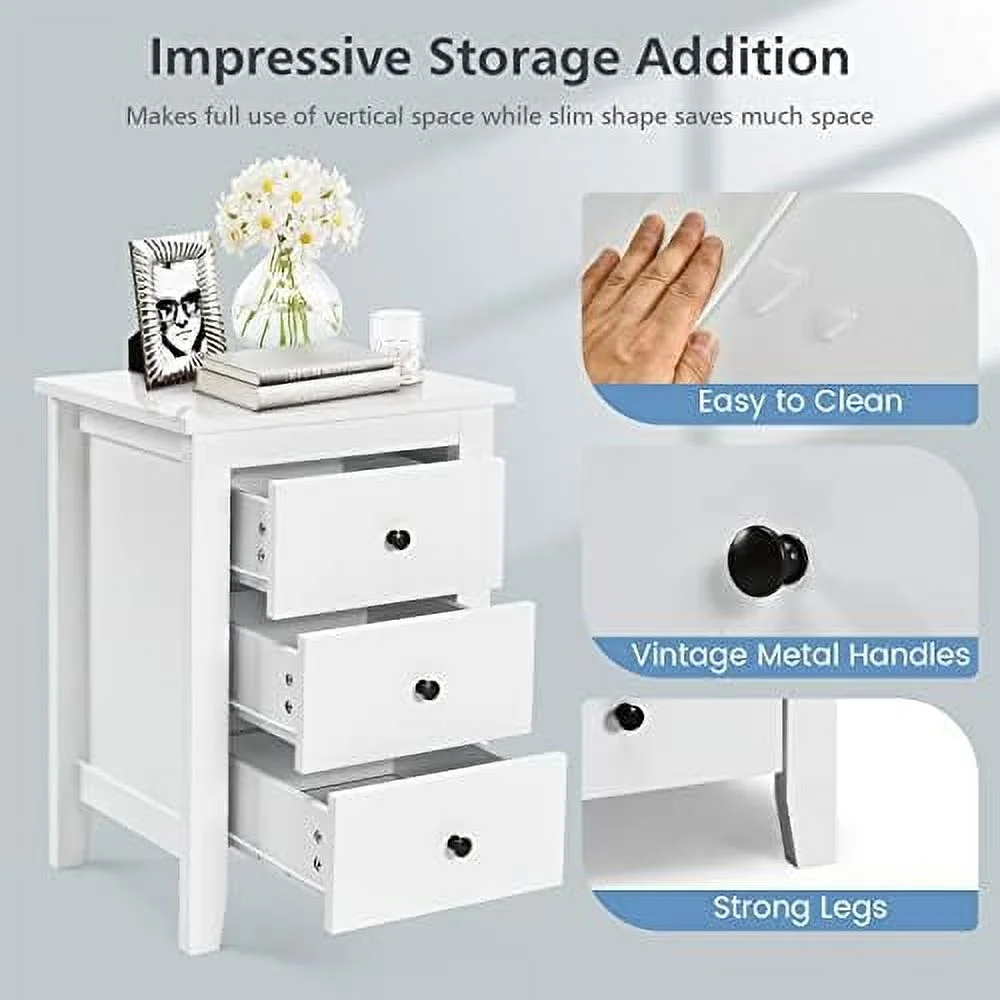 SQFGHB Nightstand   with 3 Drawers  Bedroom Side  Cabinet Wooden End Table Accent Table Solid Wood Legs (White  1 Pic)