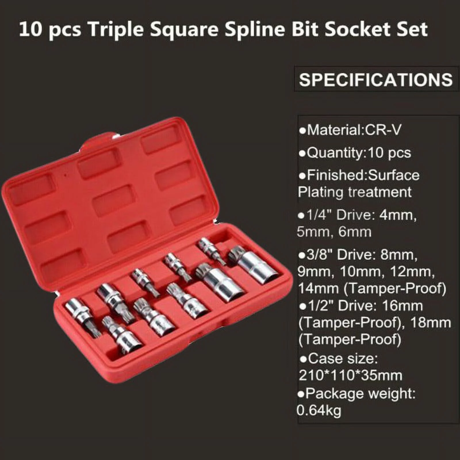 10pcs XZN 12 Point MM Triple Square Spline Bit Socket Steel 4-18mm Tool Set