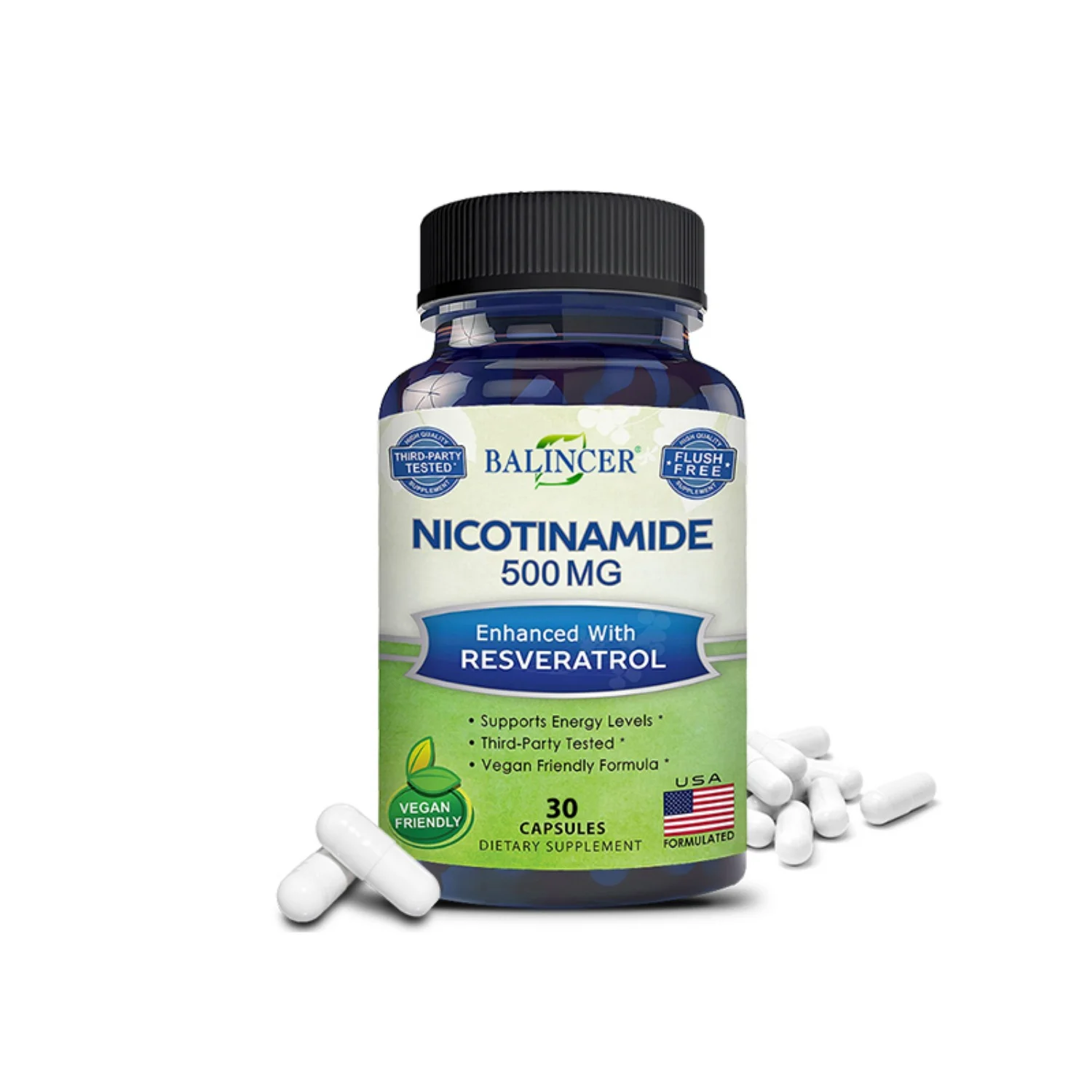 Balincer Niacinamide Vegan Capsules with Resveratrol - Vitamin B3 500 mg - Replenishes skin cell health and energy