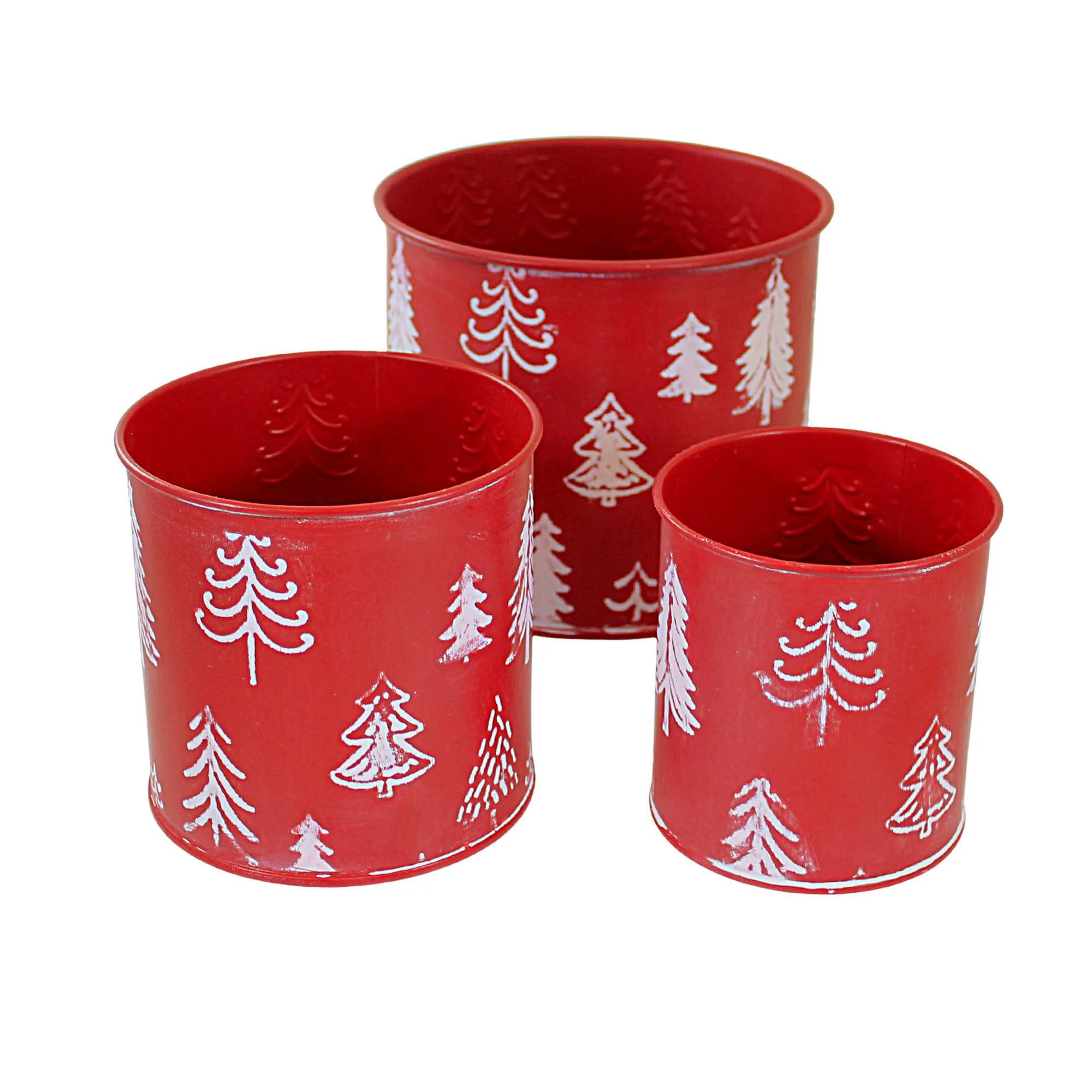Ganz Red Christmas Tree Planter - Three Planters 5.5 Inch, Metal - White Embossed Trees CX181772