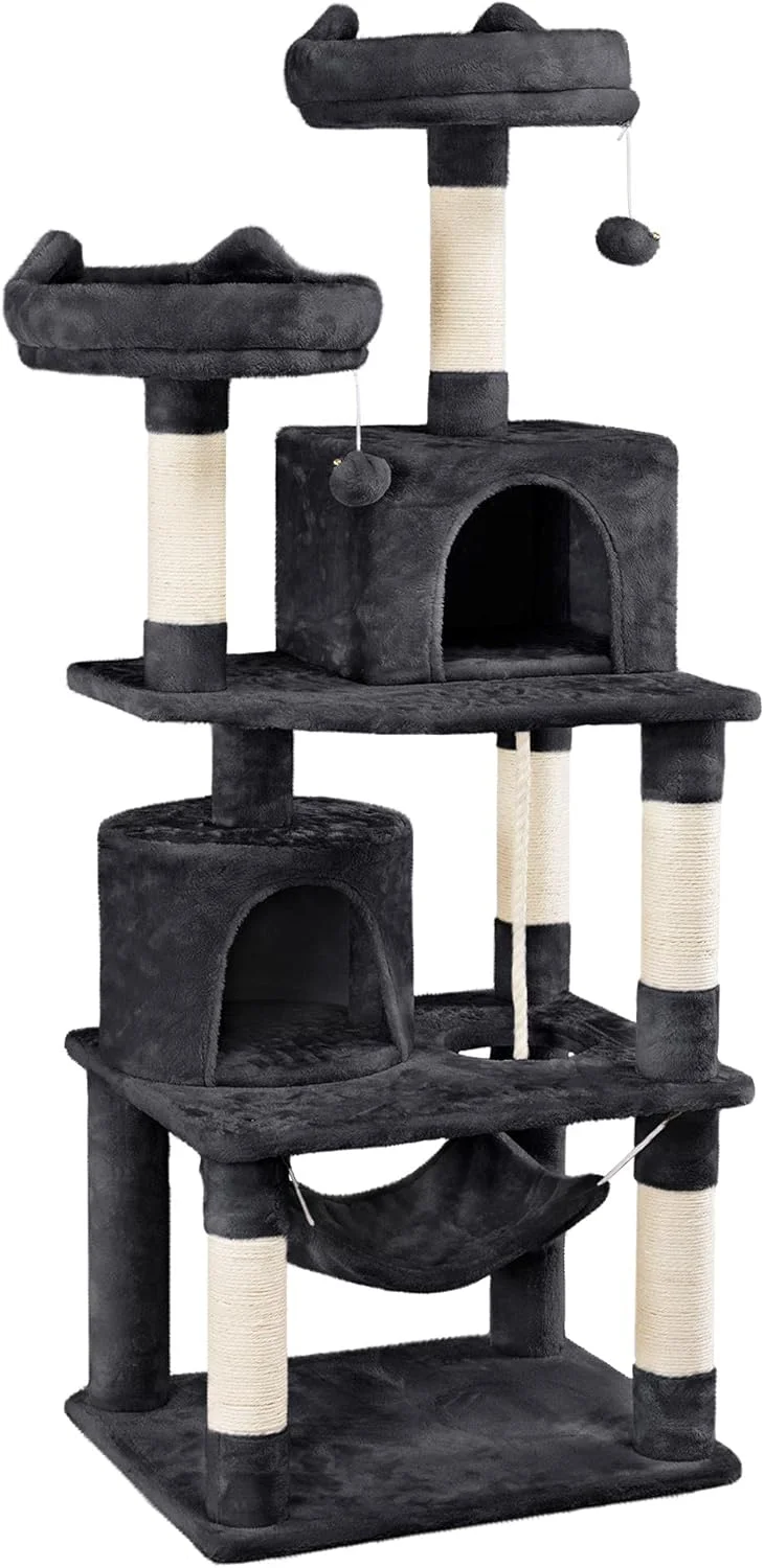 62.2in Cat Tree Cat Tower, Multi-Level Cat Tree w/Double Condo, Cat Platform & Hammock, Cat Pet Play House with for Indoor Activity Relaxing