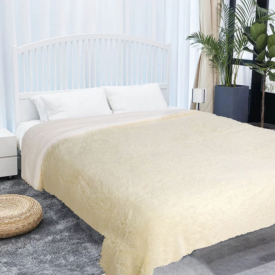 Unique Bargains Shaggy Faux Fur Soft Sherpa Blanket Beige Queen(90