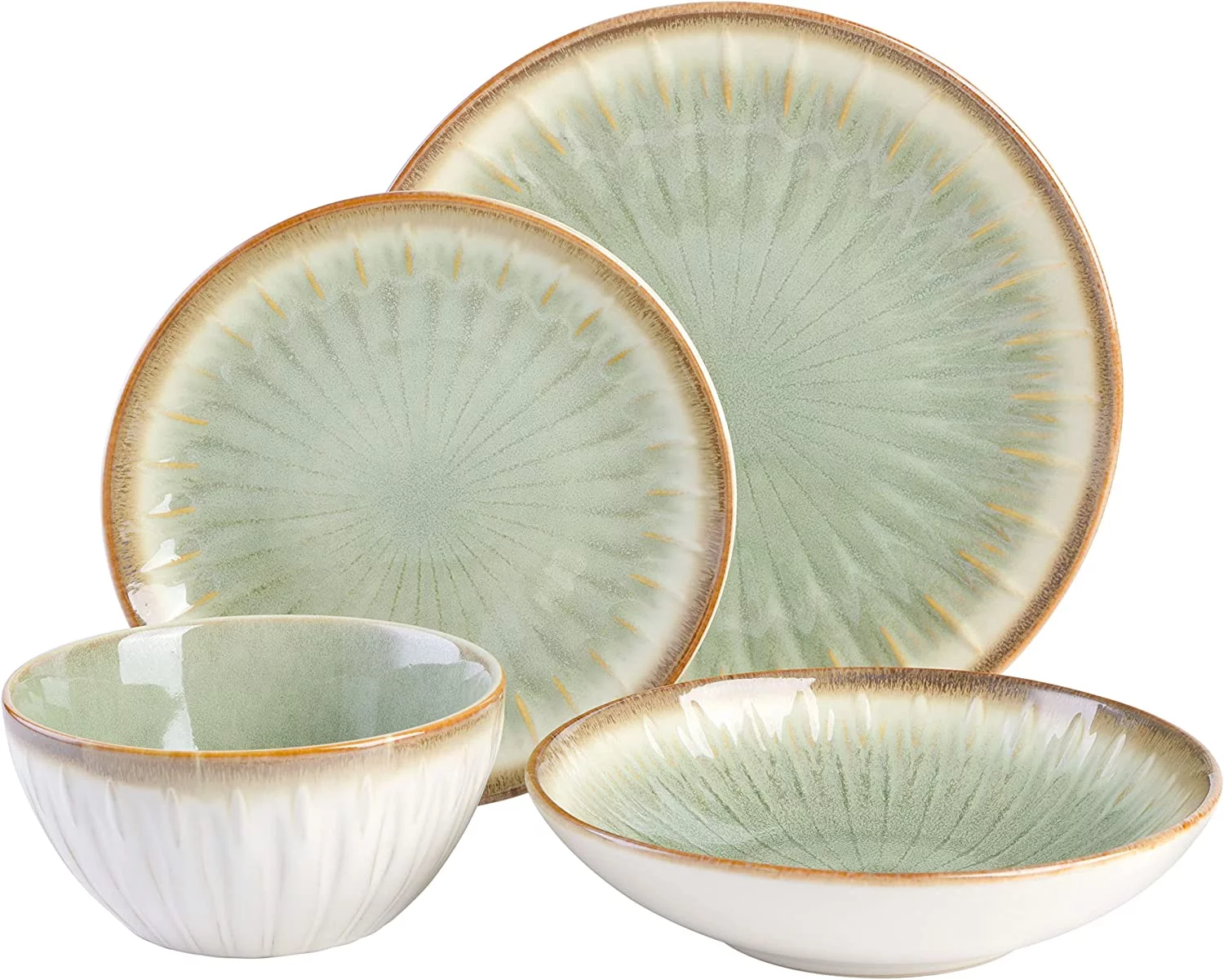MINGFENG Mayfair Bay Embossed Double Bowl Dinnerware Set, Service for 4 (16pcs), Green