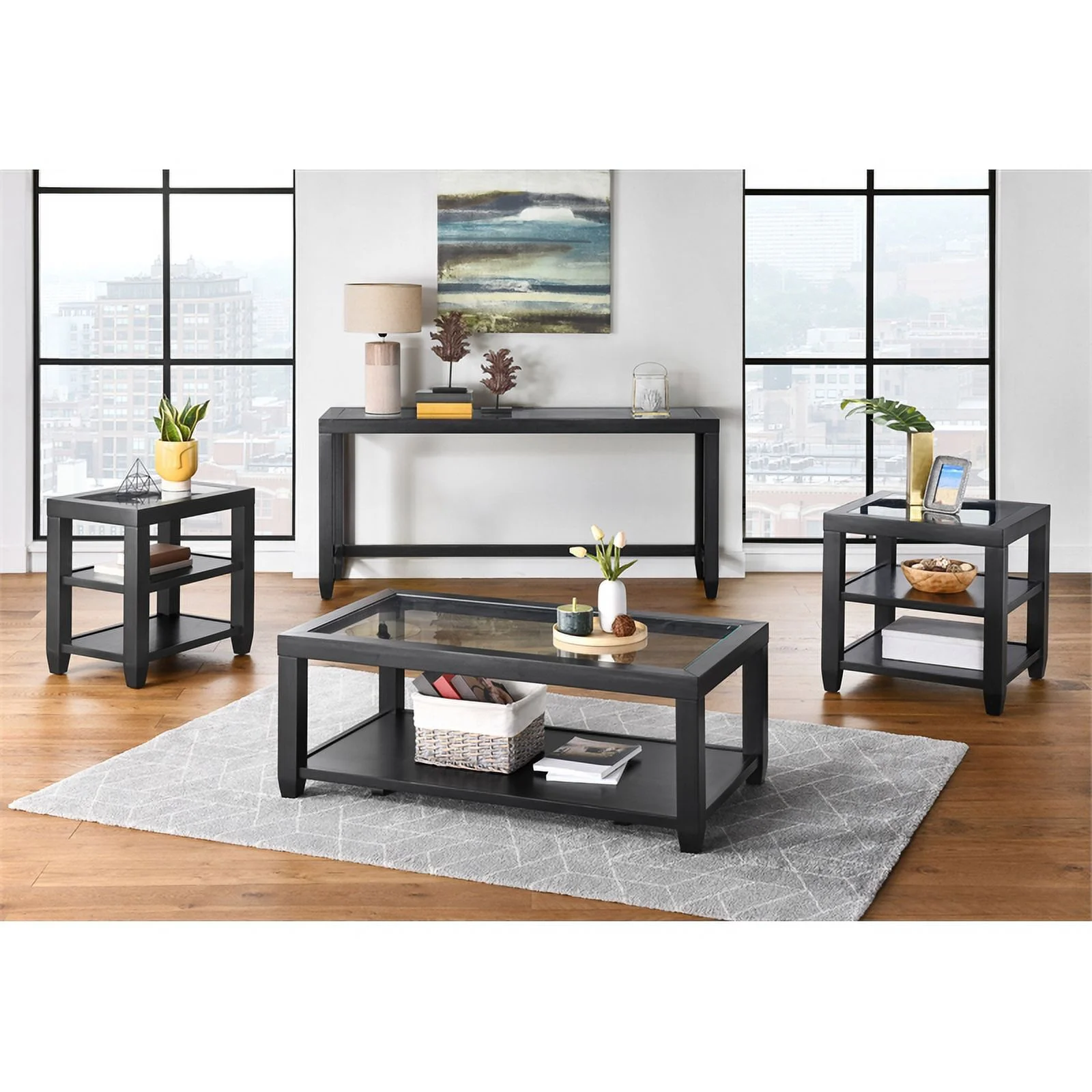 Home Square 3 Piece Set with Coffee Table and 2 End Tables in Black